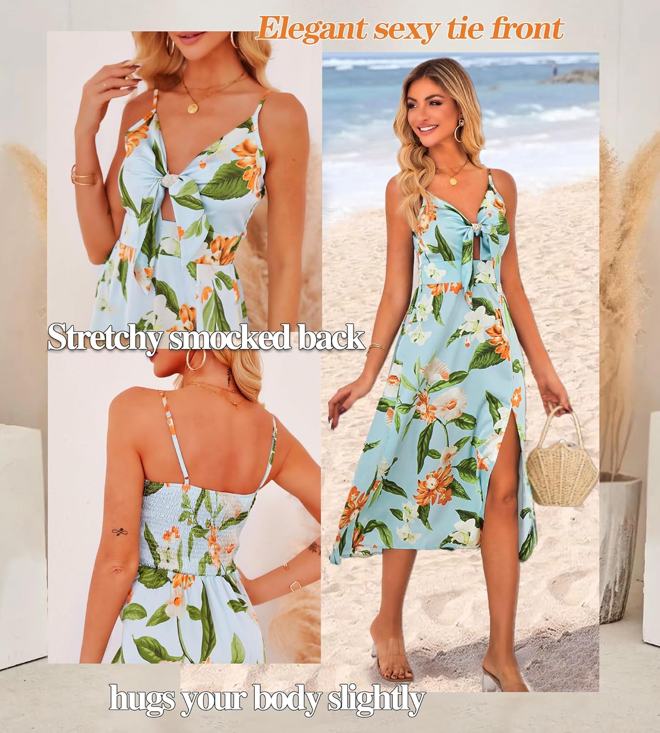 Fashionme Women Spaghetti Strap Midi Satin Dresses Tie Front Backless Slit Cutout Dress Semi-Formal/Casual Flowy Lightweight - Image 4