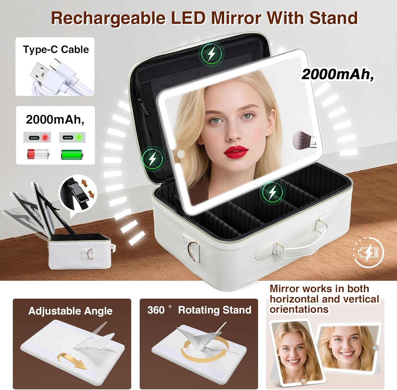 Faquenc Large Makeup Bag with LED Mirror,Travel Cosmetic Train Case for Makeup Artists,Makeup Organizer Case with Divider Rechargeable Vanity Mirror with 3 Color Lights for Barber,MUA,Nail Tech, Beige