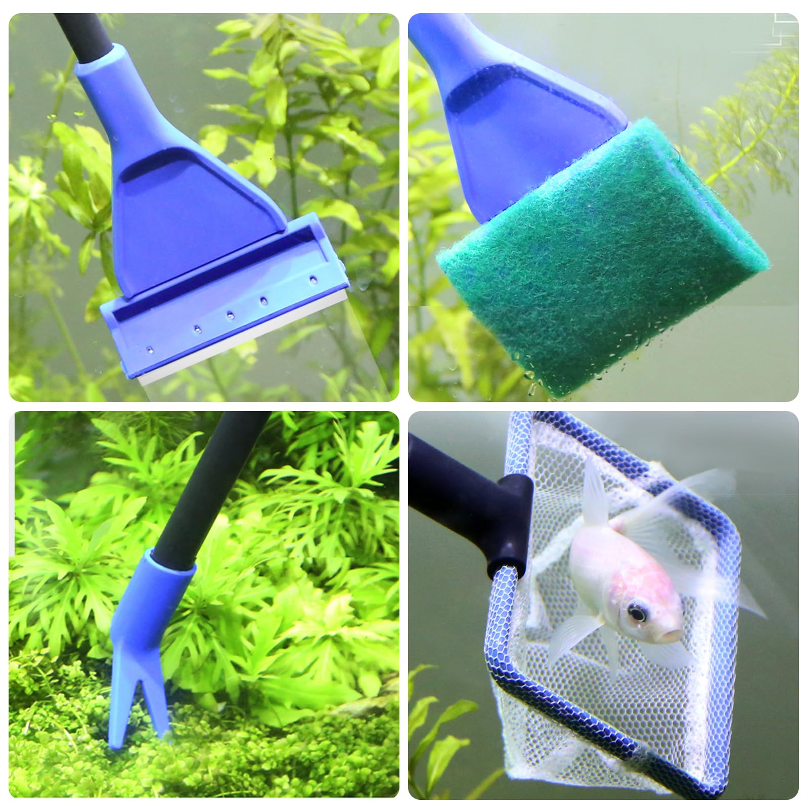 Set di pulizia 5 in 1 per acquario, edizione professionale con sifone a mano, set completo per cambio acqua, con raschietto per alghe, rastrello per ghiaia, rete per pesci e accessori | accessori per