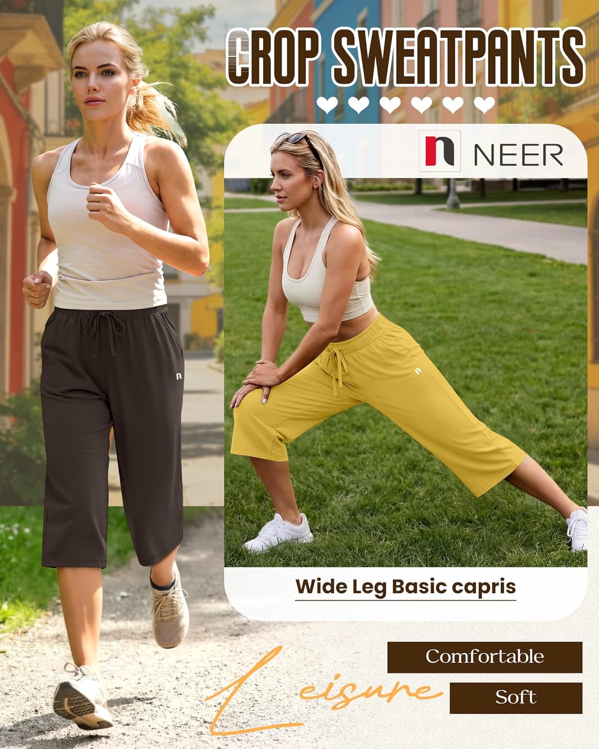 Neer 3 Pack Women's Capri Pants, Wide Leg Basic Sweatpants Lounge Loose Fit Casual Drawstring Yoga Capris with Pockets - Image 2