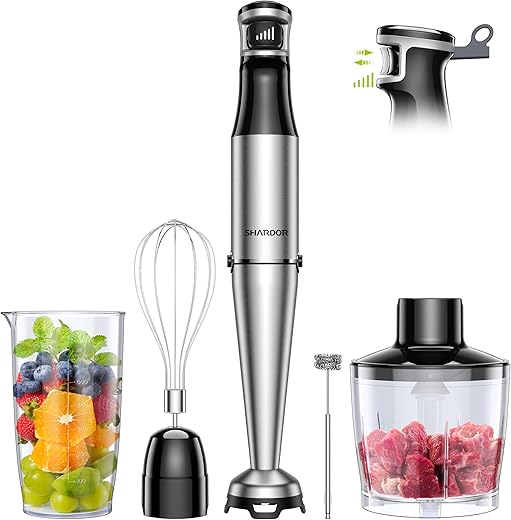 SHARDOR Hand Blender, Soft Start Variable Speed 5 In 1 Stick Blenders For Kitchen 1100w Scratch Resistant Immersion Blender With Whisk, Milk Frother, 800ml Beaker, 600ml Chopper For Soup Smoothies