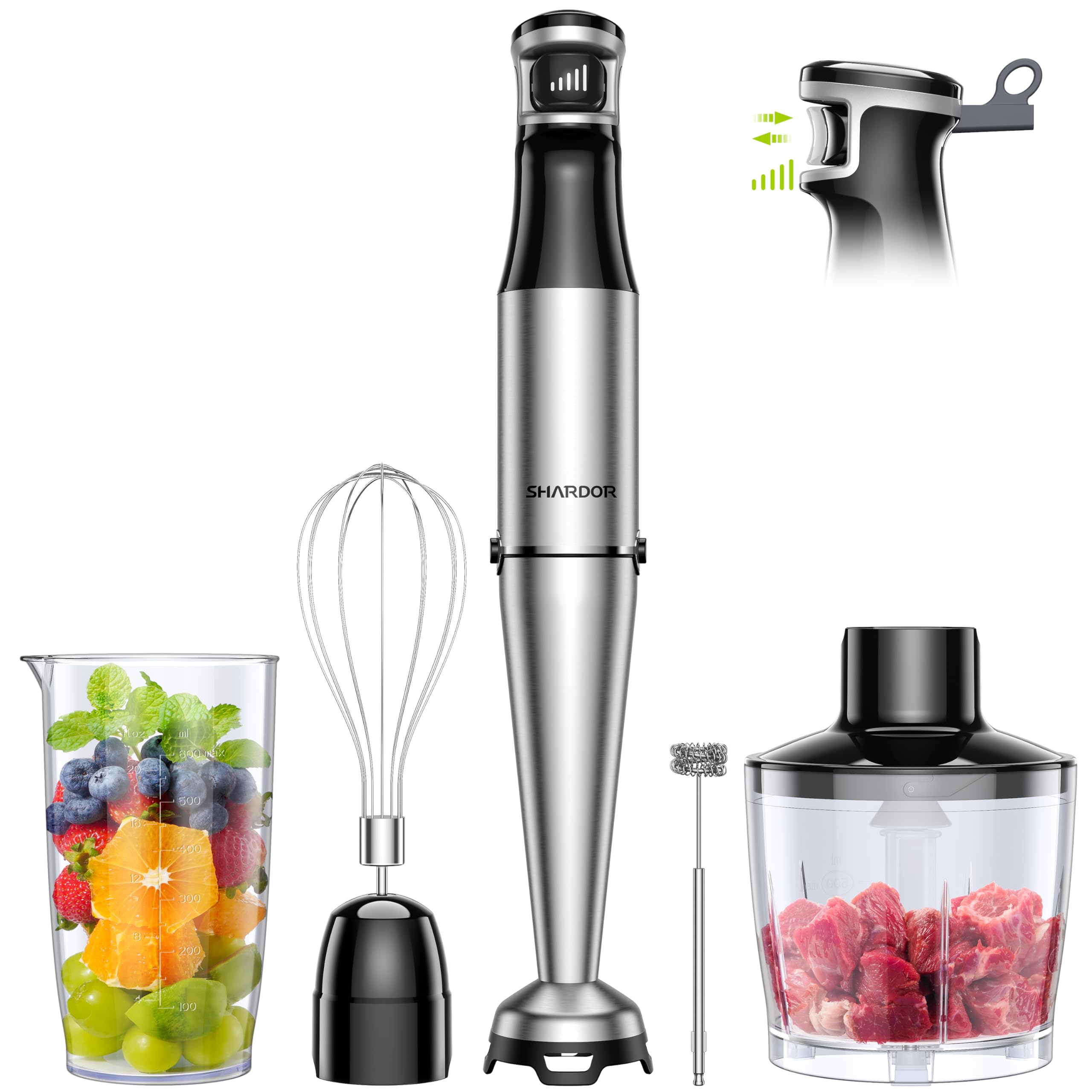 Hand Blender, soft start Variable Speed 5 in 1 Stick Blenders for kitchen 1100W Scratch Resistant immersion blender With Whisk,800ml Beaker,600ml Chopper for Soup, Baby Food and Smoothies