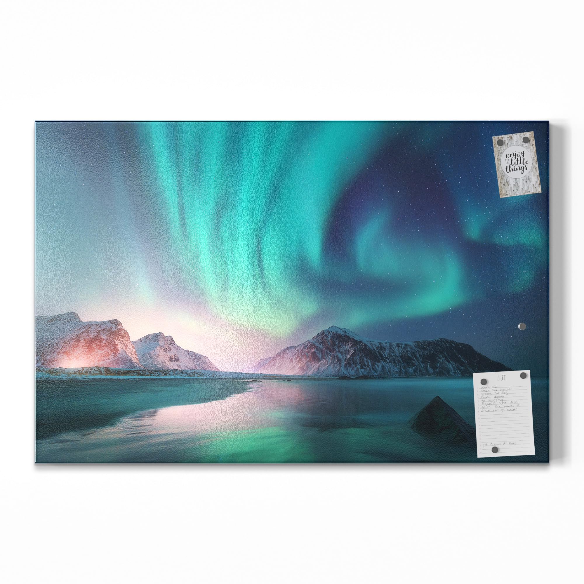 DEQORI Metalowa tablica magnetyczna, wymiary 90 x 60 cm, motyw "Zorza polarna Lofotów", tablica suchościeralna na wszystkie magnesy, tablica magnetyczna do kuchni i biura, designerska tablica do