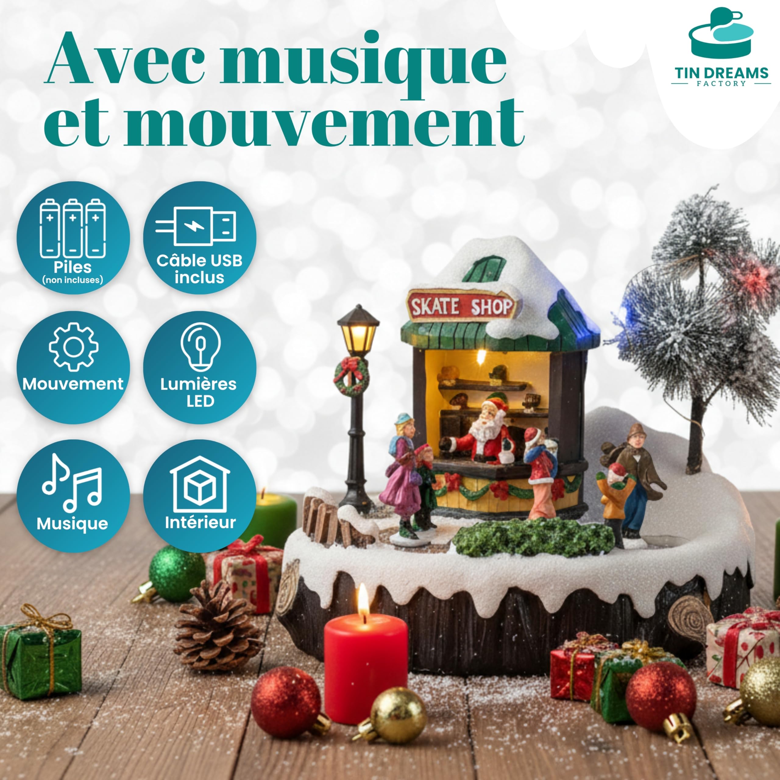 TIN Dreams | Patinoire avec Musique, Mouvement et Lumières | Scène de Noël Animée avec Patineurs | Maison de Noel Lumineuse pour Ville ou Petit Village de Noël | Décoration Festive Maison