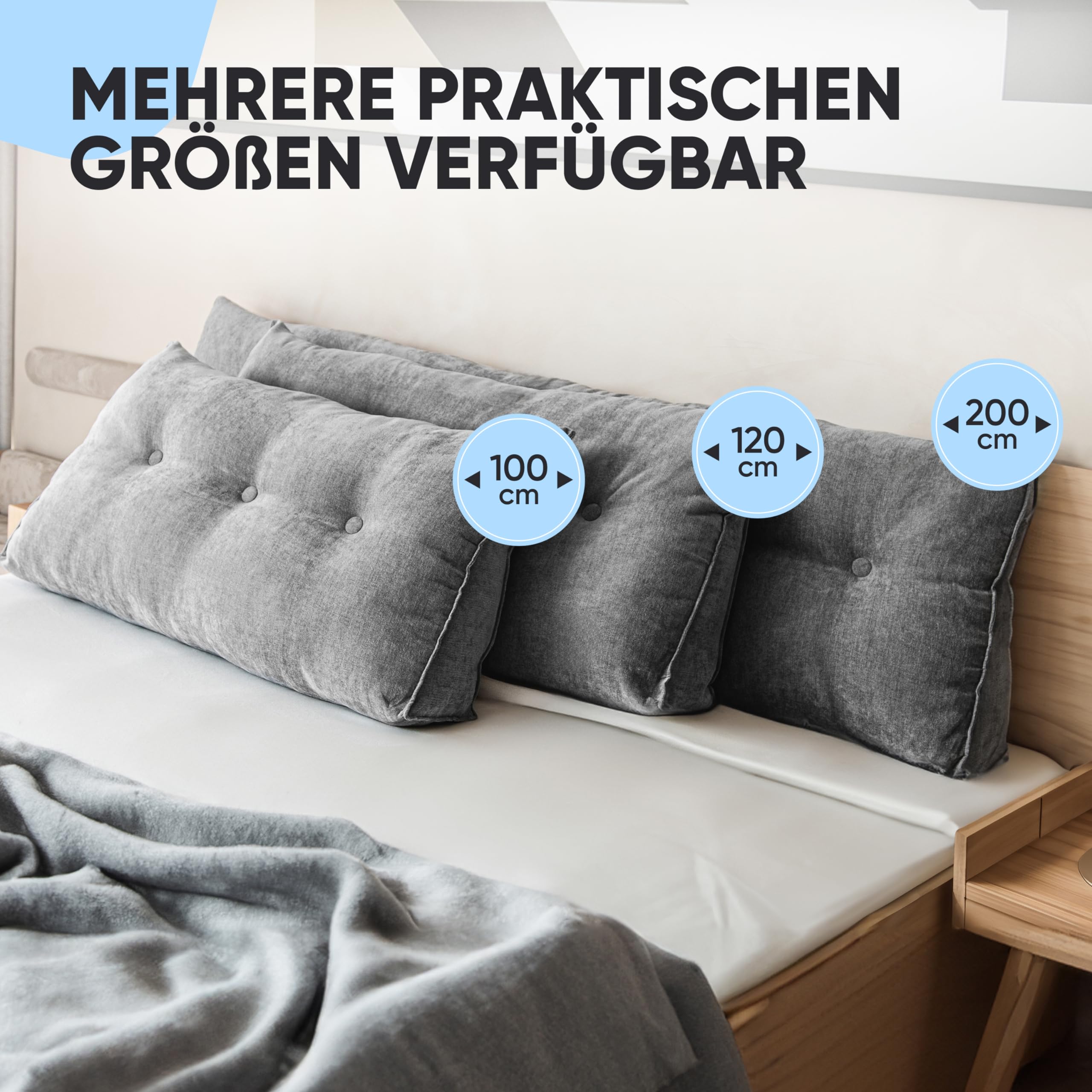 Björn&Schiller Rückenkissen - Lesekissen für Bett und Sofa, Keilkissen, Rückenpolster für die Wand, Sitzkissen, Wandkissen, groß mit waschbarem Bezug (Grau, 140 cm)