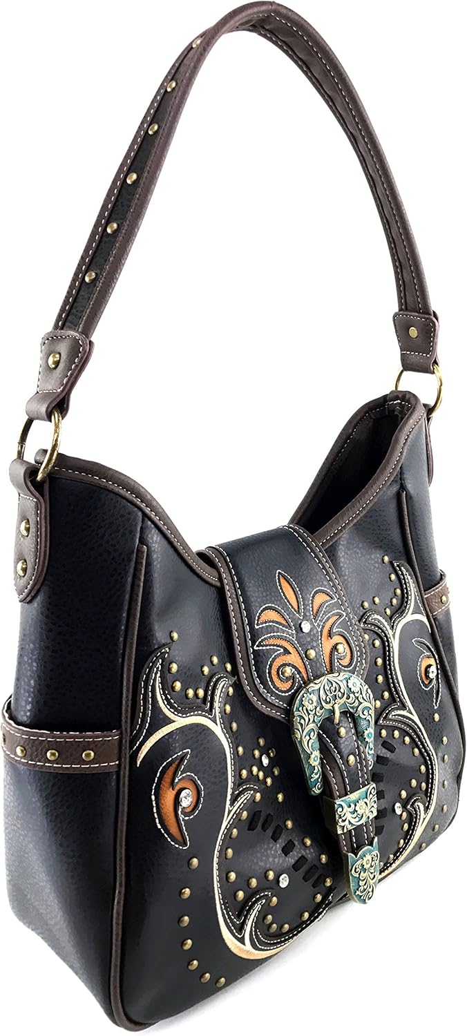 Justin West Patina Girl Western Bronze Floral Buckle Conceal Carry Handbag Purse Tote and Strap Wallet
