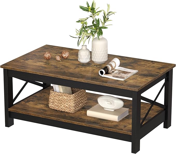 DWVO Brown Coffee Tables for Living Room Storage Coffee Table Wood Coffee Table with Thicker Legs 2 Tier Modern Coffee Tables Center Table for Living Room, Brown