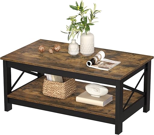 DWVO Brown Coffee Tables for Living Room Storage Coffee Table Wood Coffee Table with Thicker Legs 2 Tier Modern Coffee Tables Center Table for Living Room, Brown