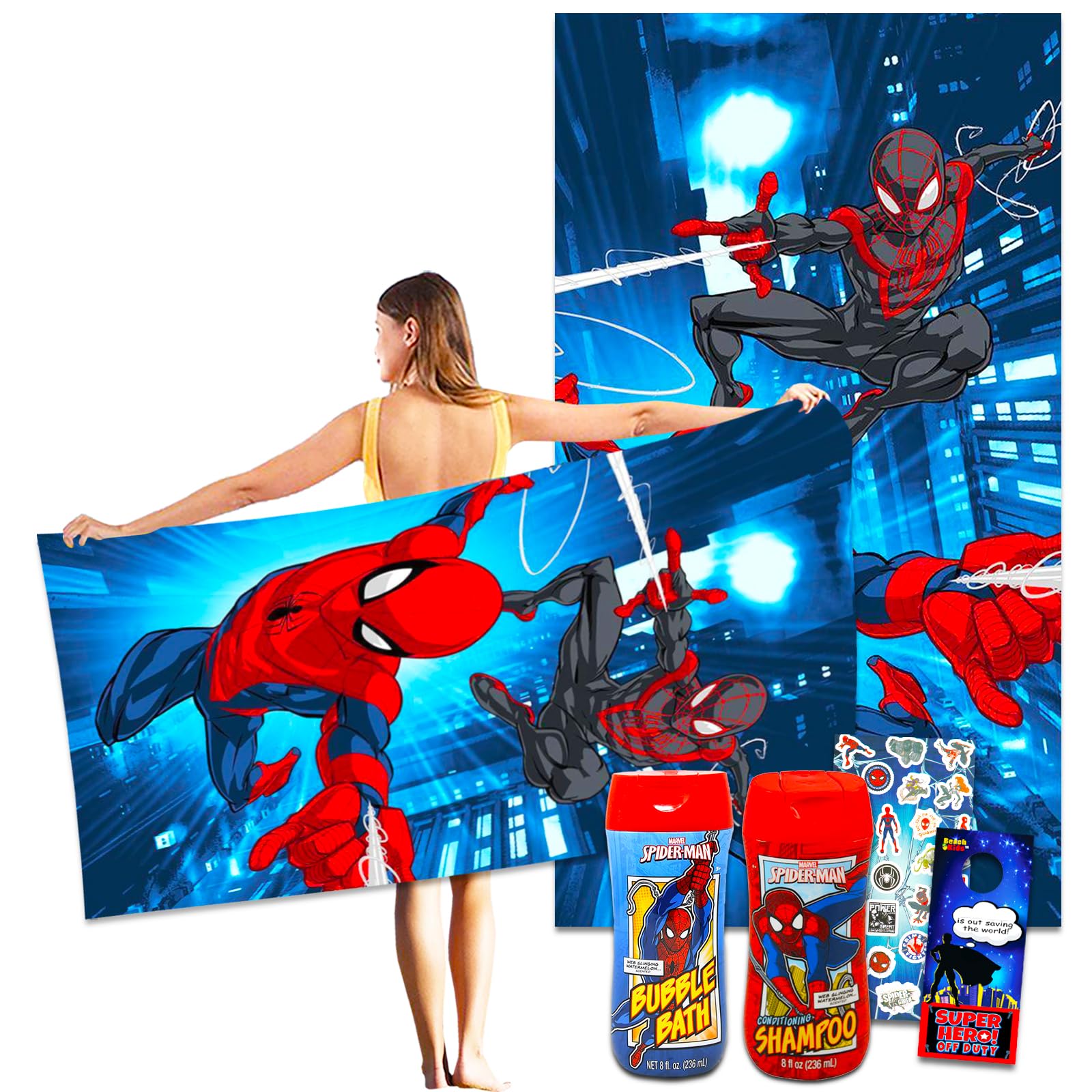 Spiderman Bath Towel Set for Kids - Bundle with 40x72 Spiderman Bath Towel, Shampoo, Bubble Bath, Stickers, More | Spiderman Bathroom Set for Boys