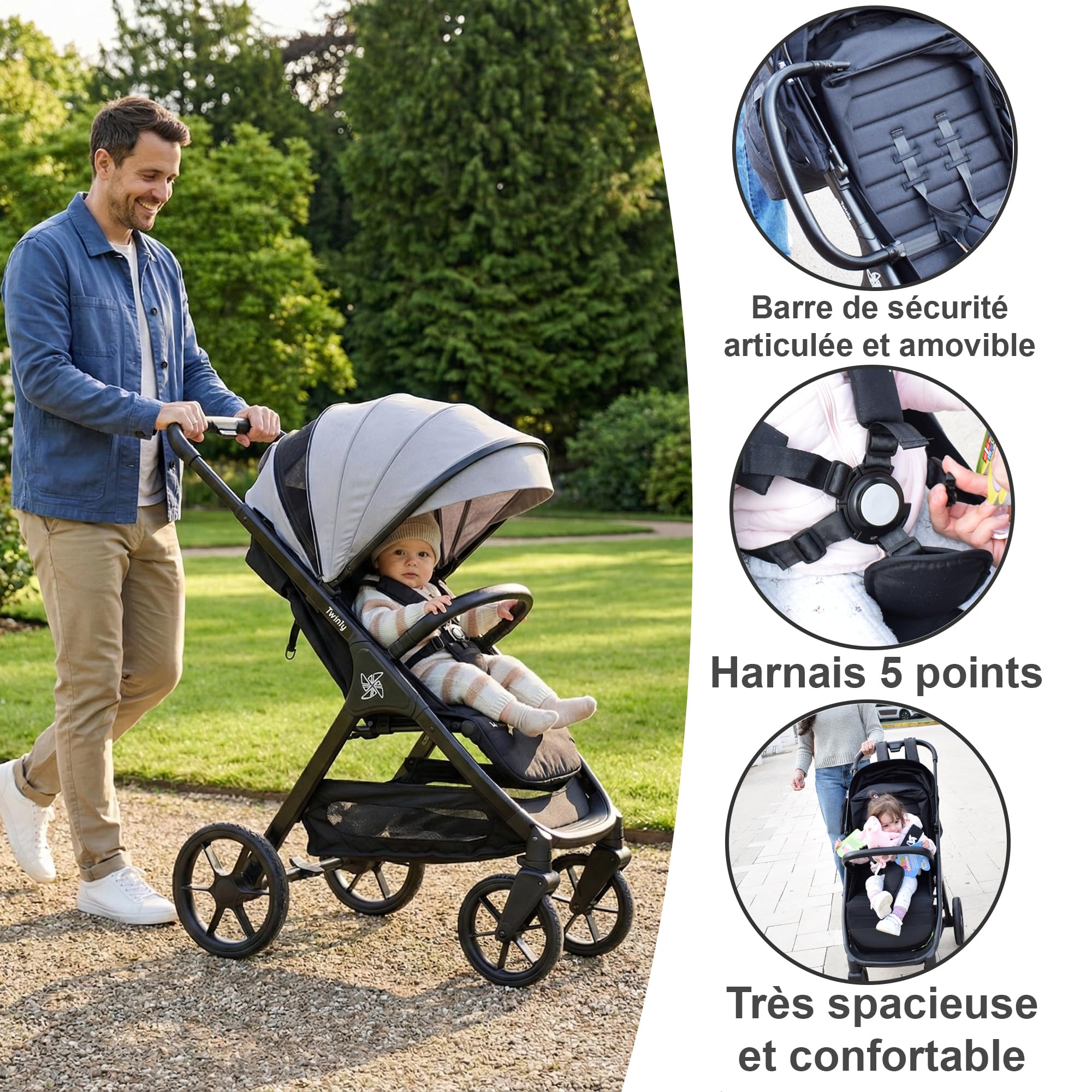Poussette Canne Compacte et Légère jusqu'à 25kg Dès la Naissance Siège Large Capote XXL UPF-50 Pliage d'une Main Grandes Roues Noir