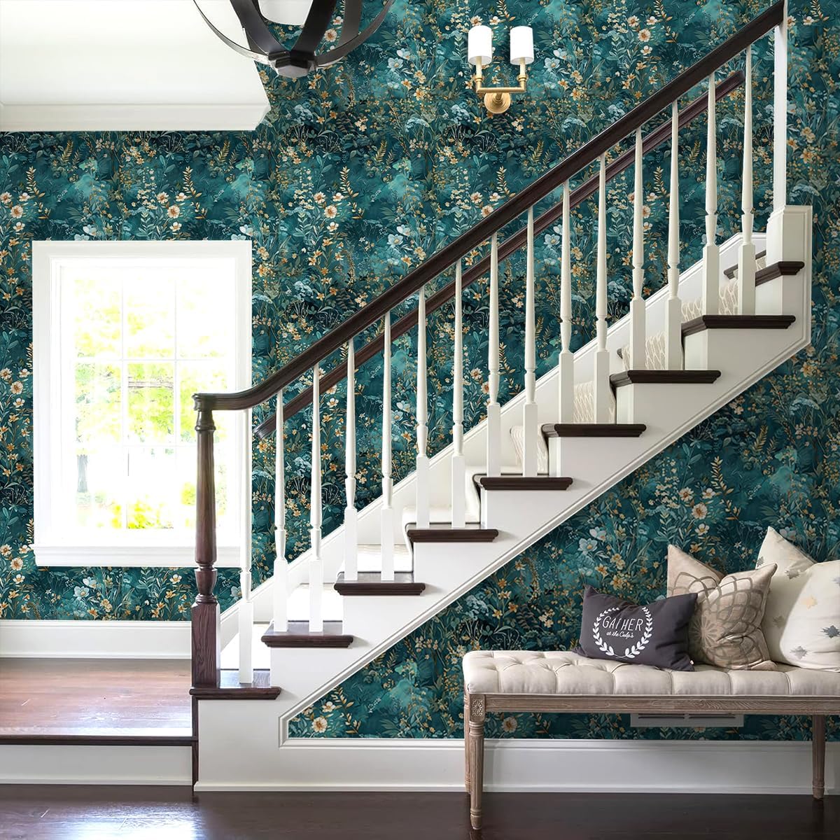 Floral Peel and Stick Wallpaper Green Flower Contact Paper 17.3inch x 393.7inch Botanical Self Adhesive Wallpaper for Bedroom Bathroom Vintage Decorative Cabinet Removable Paper Vinyl Roll