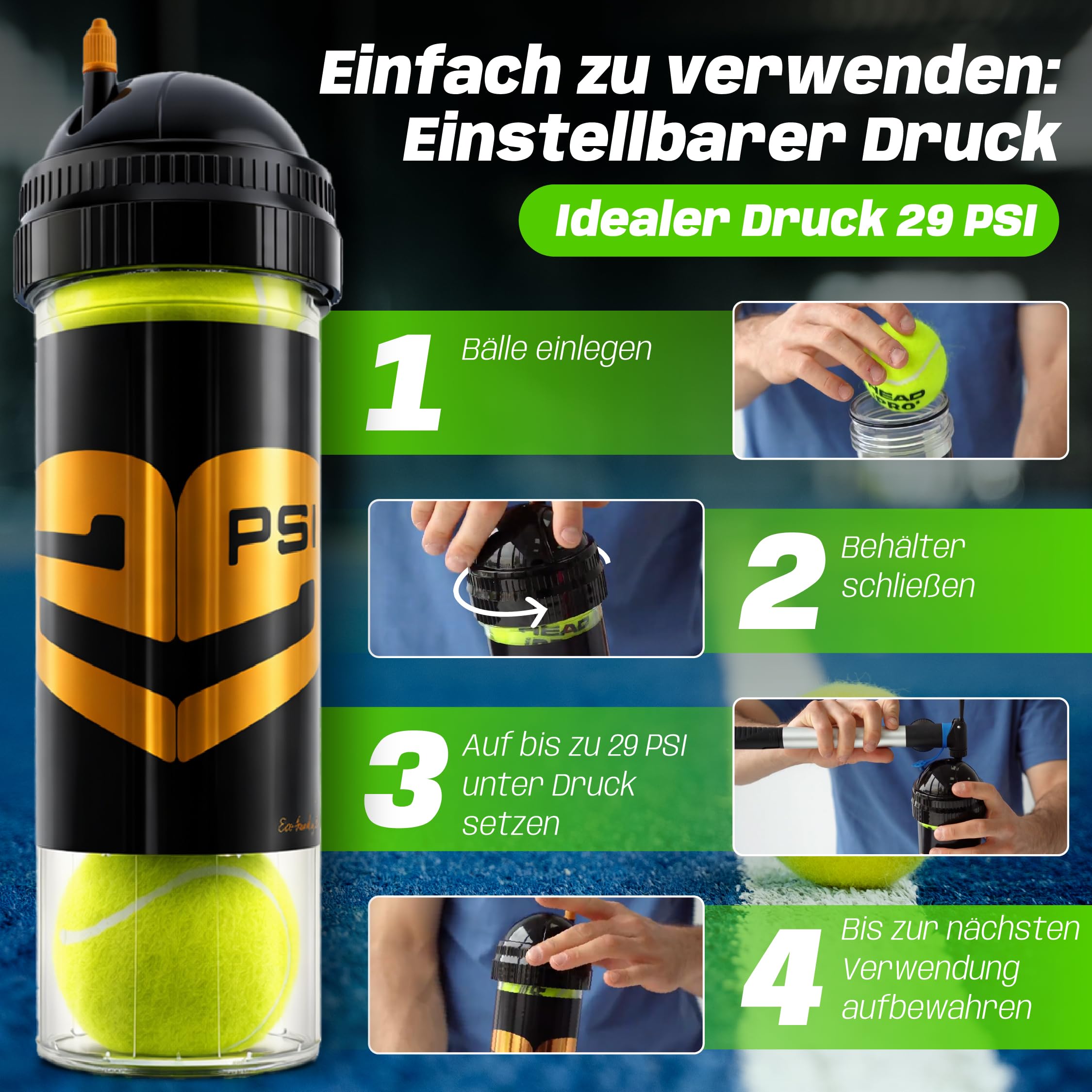 TUBOPLUS 29PSI - Padel- und Tennisballdrucker | Hält Druck und Sprungkraft | Luftdichter Behälter zur Verlängerung der Lebensdauer der Bälle