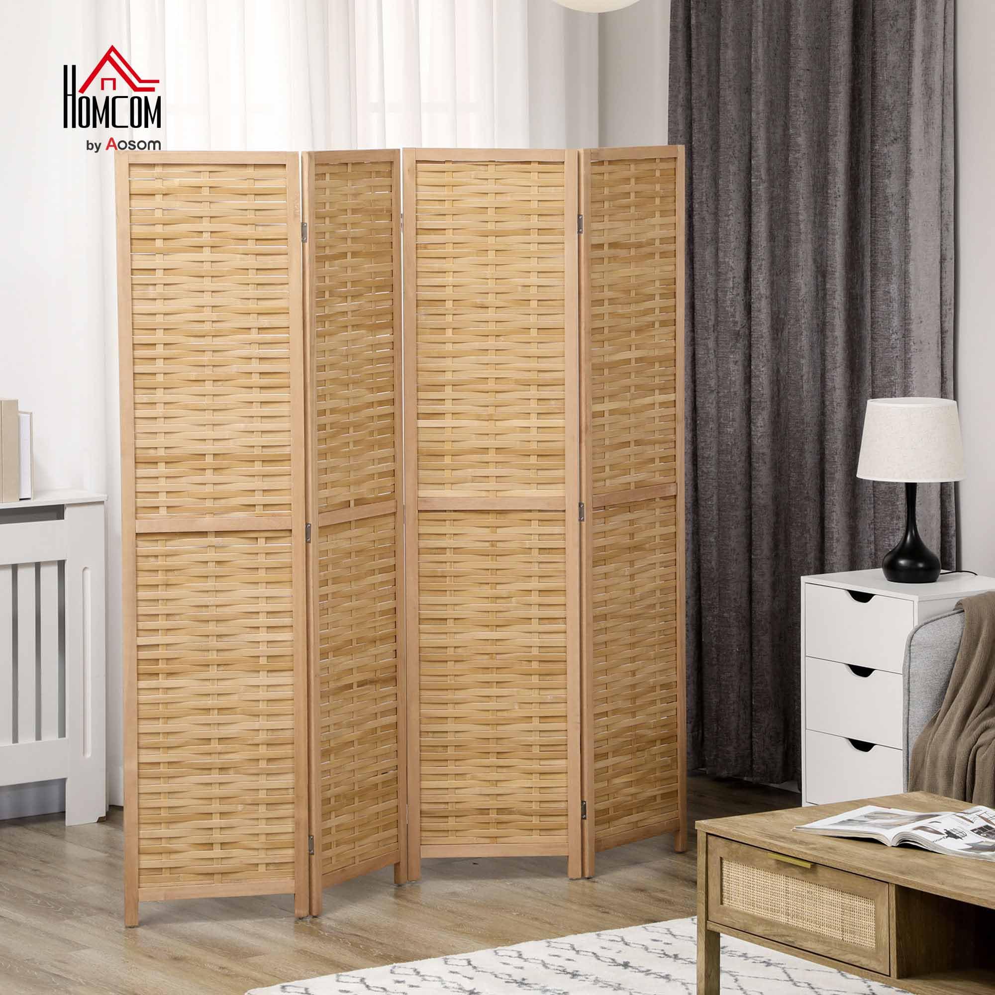 HOMCOM Paravent en Bois 4 Panneaux 160 x 170 cm séparateur de pièce closion de séparation Pliable en Bambou - Naturel Clair
