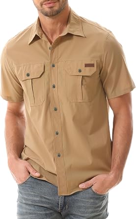 Mens Outdoor Short Sleeve Button Down Shirts with Pocket