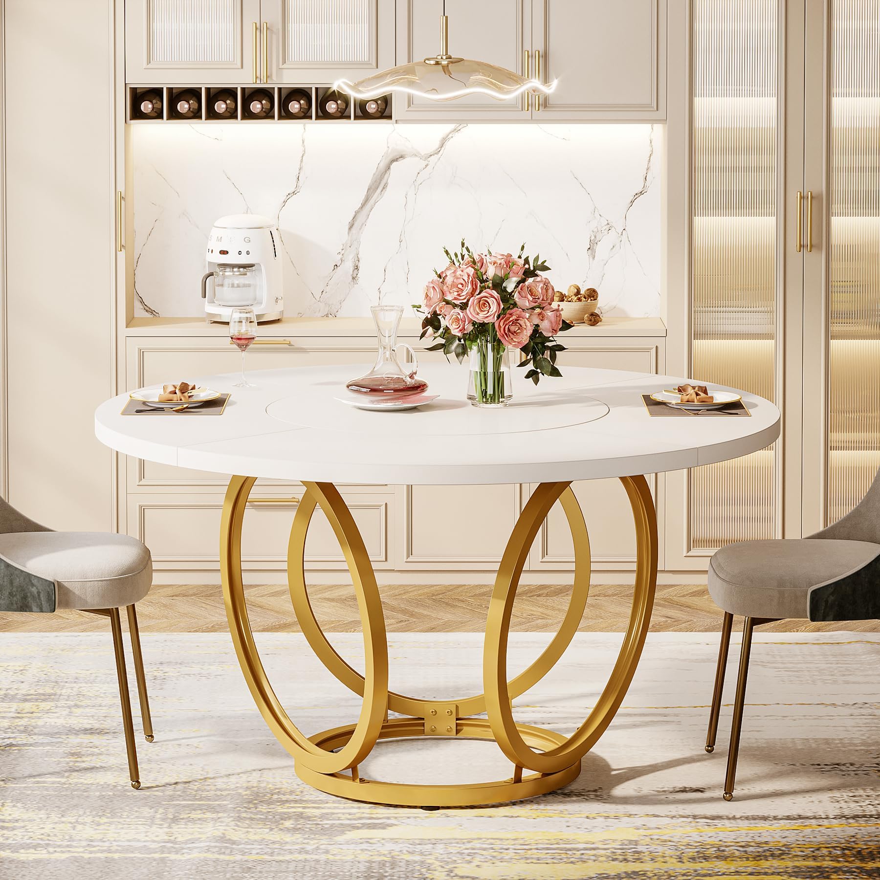 Tribesigns Tavolo da pranzo rotondo per 4, tavolo da cucina bianco con base in metallo dorato, tavolo da pranzo in legno, tavolino da caffè per cucina, sala da pranzo, bar 120 * 120 cm, bianco e oro