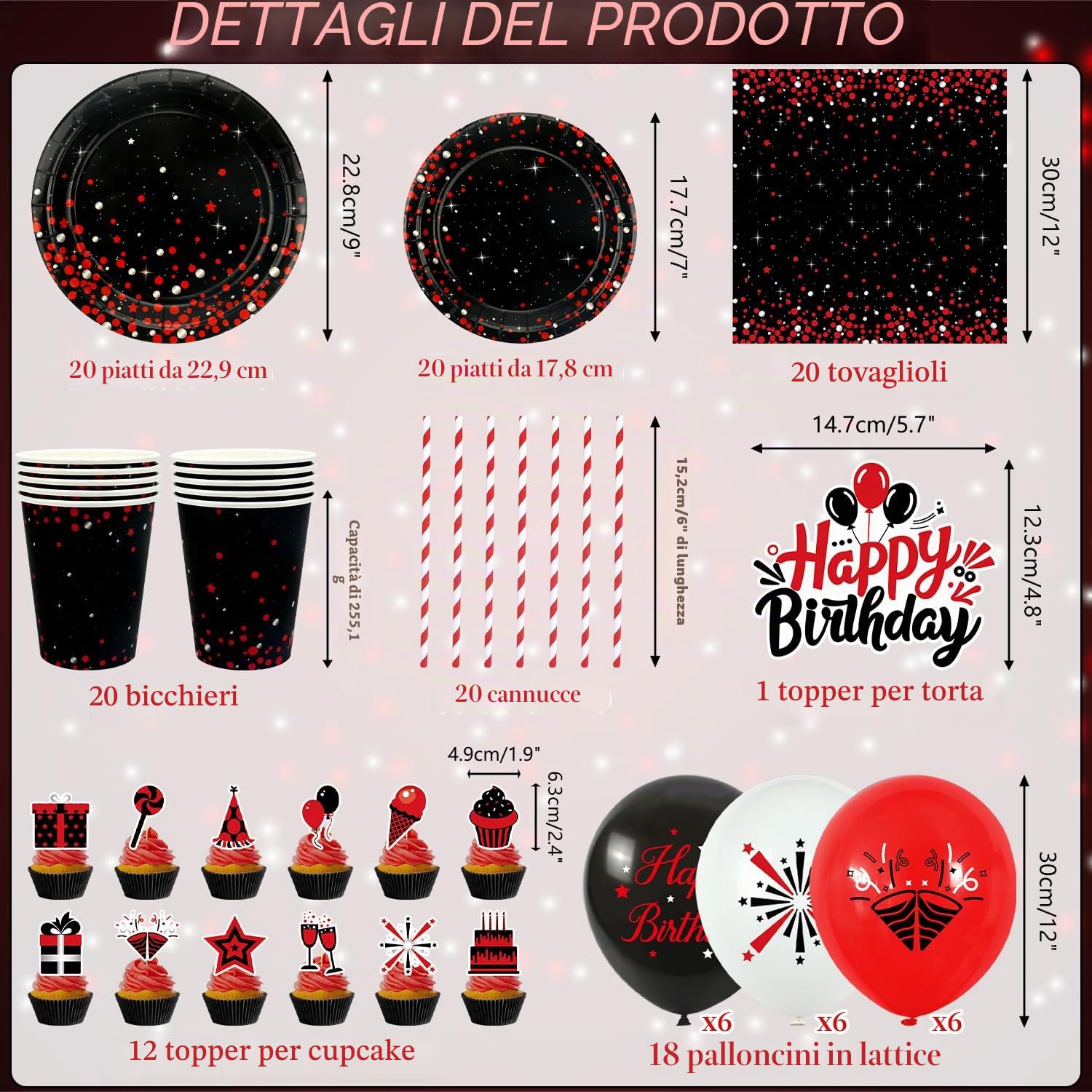 Decorazione di compleanno rosso e nero – accessori per feste rosso nero, tra cui striscioni, piatti, decorazioni per torte, bicchieri, tovaglioli, palloncini, tovaglie, per 20 persone (BJ)