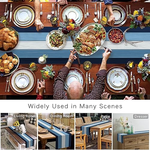 Miniatura 3 de Camino de mesa azul cielo y blanco, mantel de lino de algodón de granja para decoración de mesa de verano para el hogar, cocina, comedor, interior,