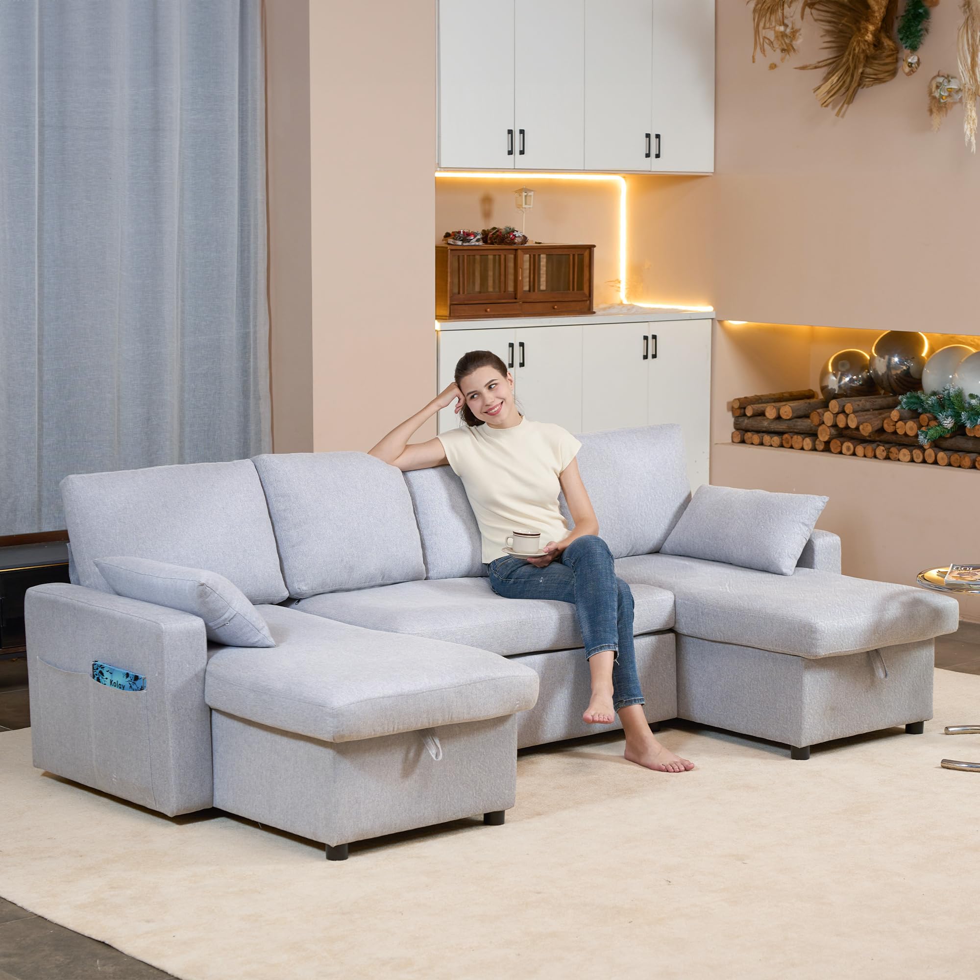 (; incomplete box 1 of 2Real Relax 105'' Sleeper Sofa, 4-in-1 U Shaped Convertible Sofa Bed with Wheel Pull Out Bed and Storage for Living Room, Apartment, Office and Bedroom, Light Gray