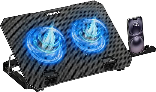 Sounce Dual Fan Laptop Cooling Pad with Ultra-Quiet Operation, Adjustable Fan Speeds, Digital Display Panel, 5-Level Folda...