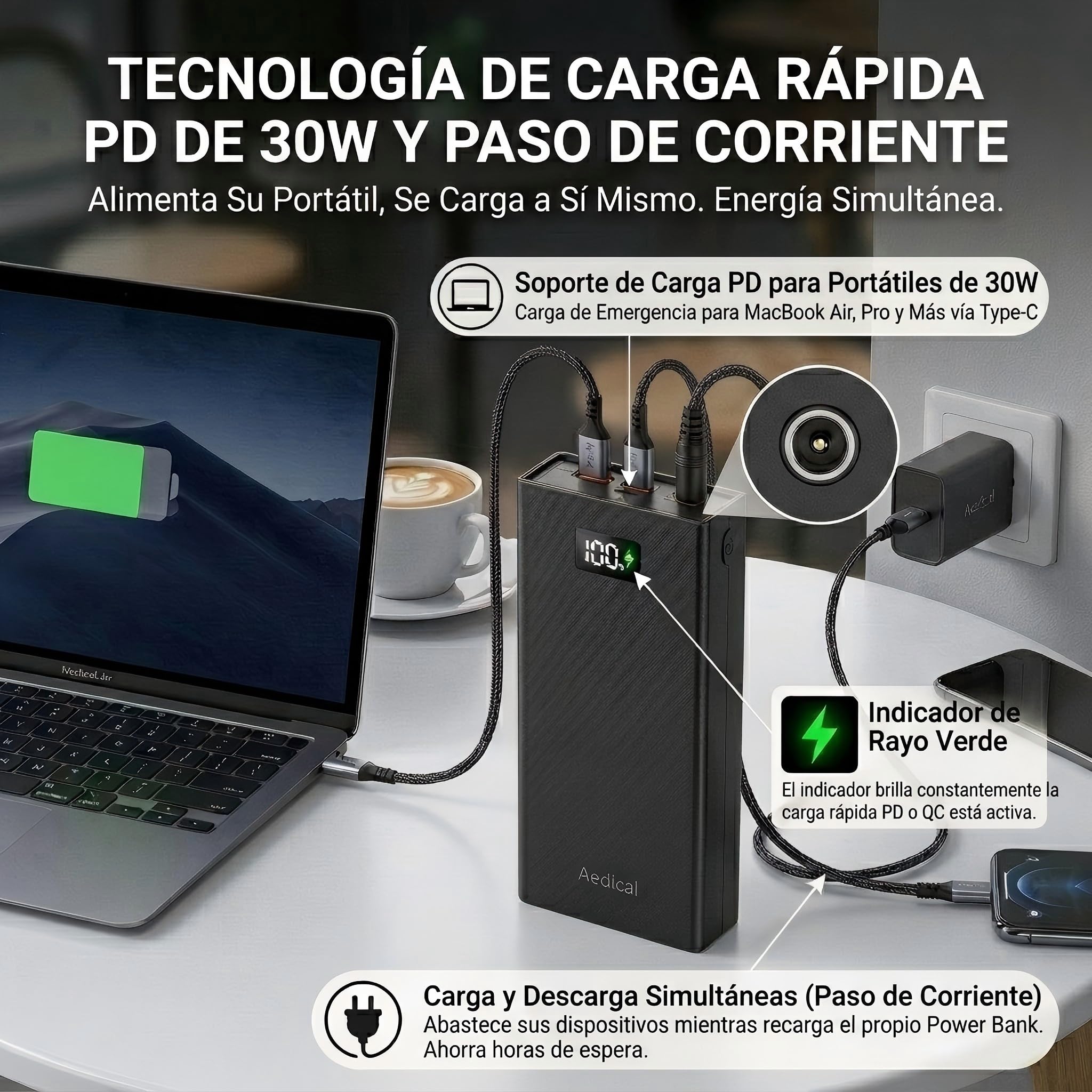 Power Bank 20000mAh con Salida DC 12V 3A, Batería Externa USB C PD QC 74W, Cargador Portátil para Portátil, Tablet y Móvi, Carga y Descarga Simultánea, for Laptop, iPhone, Samsung, iPad, xiaomi