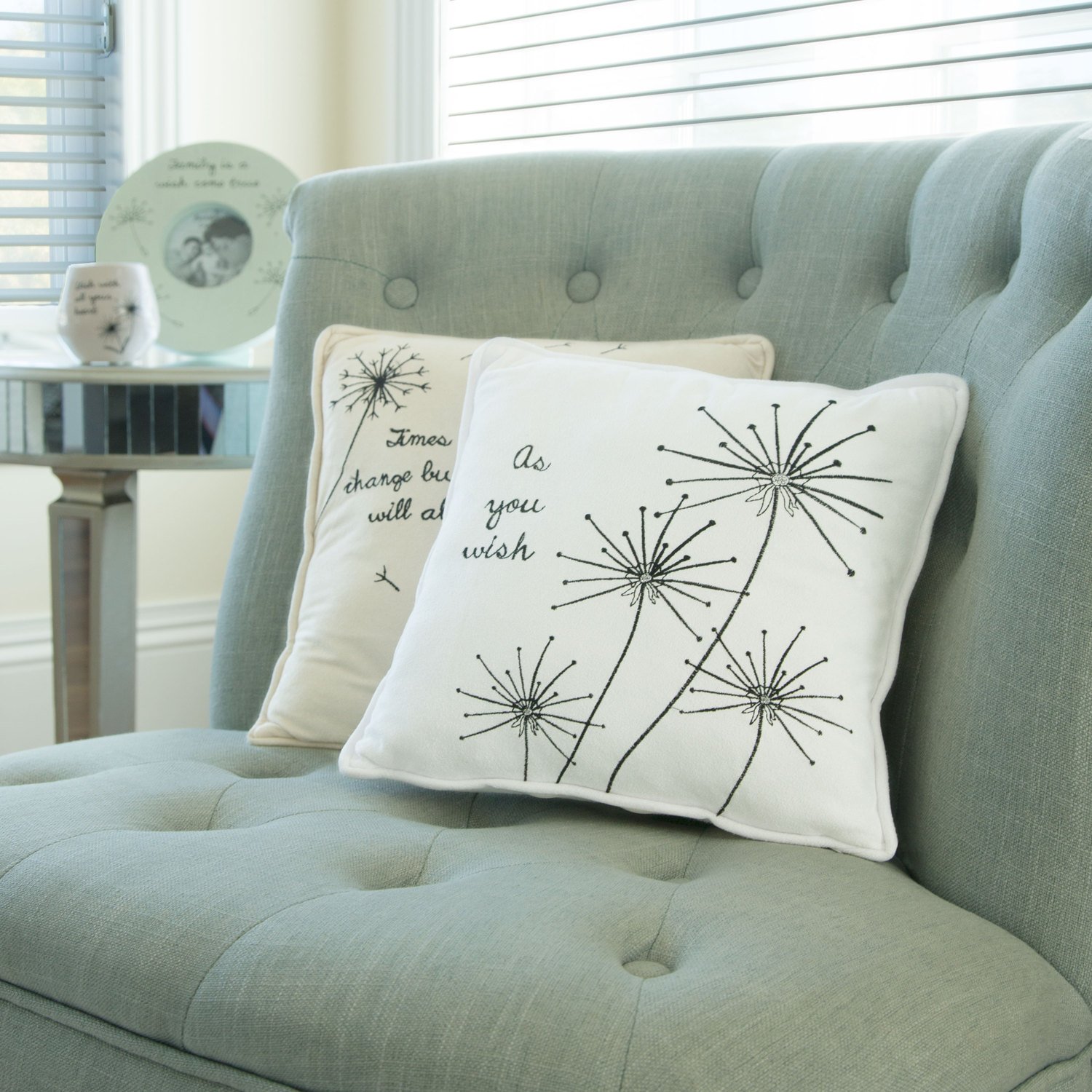 Pavilion Gift Co. Dandelion Wishes Decorative Pillow – Friendship Quote With Whimsical Art | 12-inch, Spot Clean, Soft Color Palette