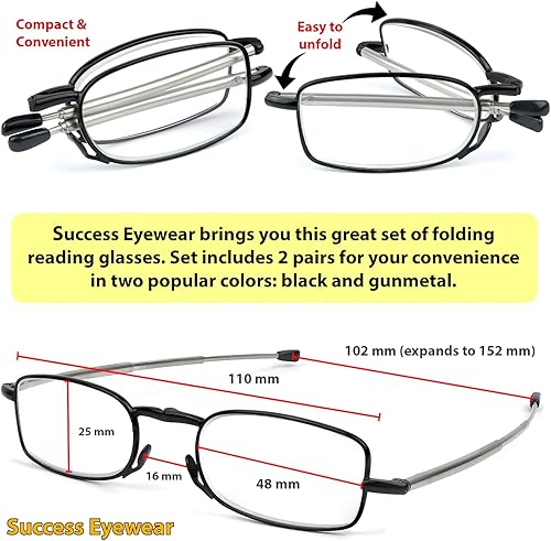 Miniatura 4 de 2 pares de lentes de lectura negros y lentes plegables compactos para lectura compactos color plomizo con funda incluida