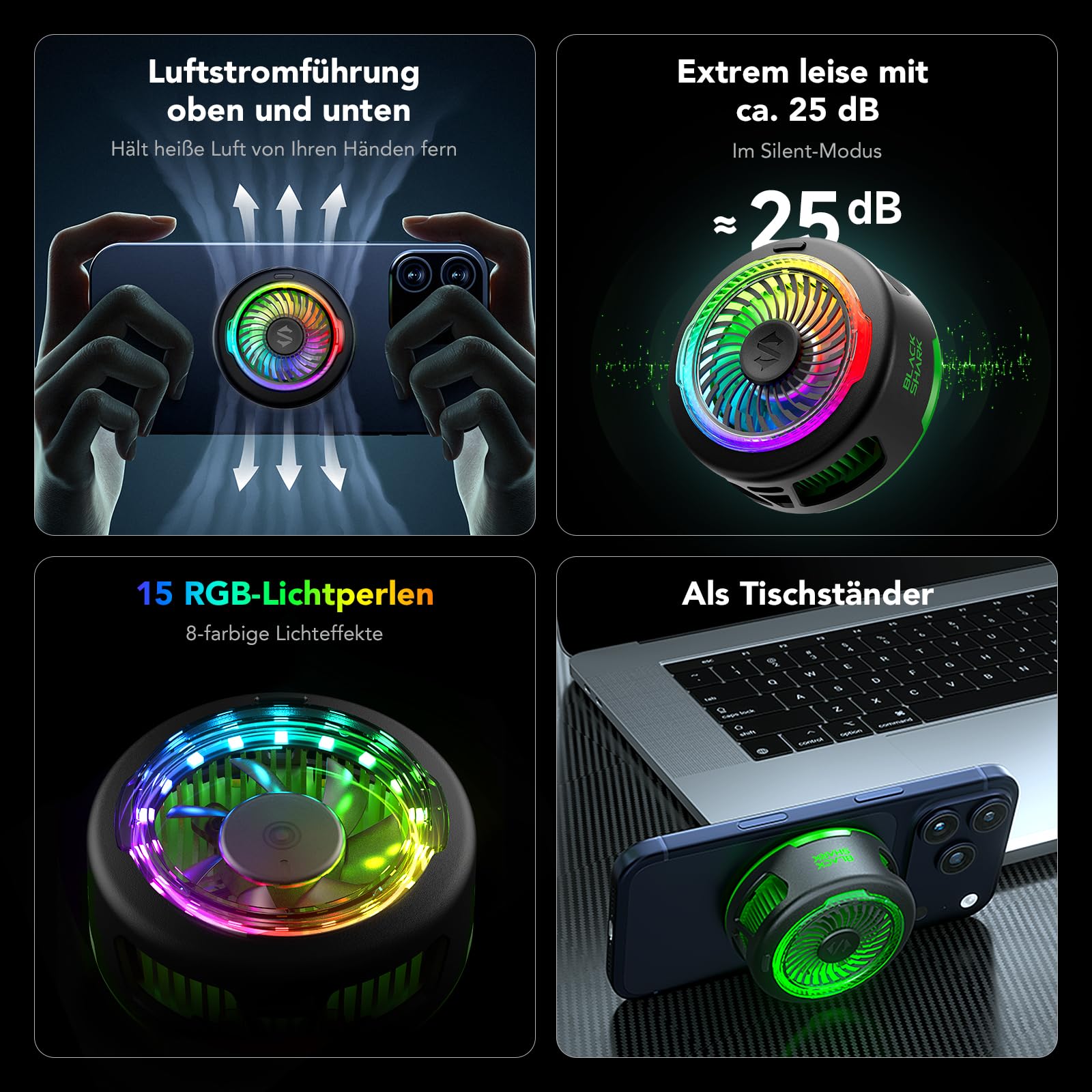 Black Shark FunCooler 6 Magnetic Phone Cooler für Gaming, Tragbarer Handy Kühler mit RGB-Beleuchtung, Magnetischer Kühlventilator für iPhone, iPad (Schwarz)