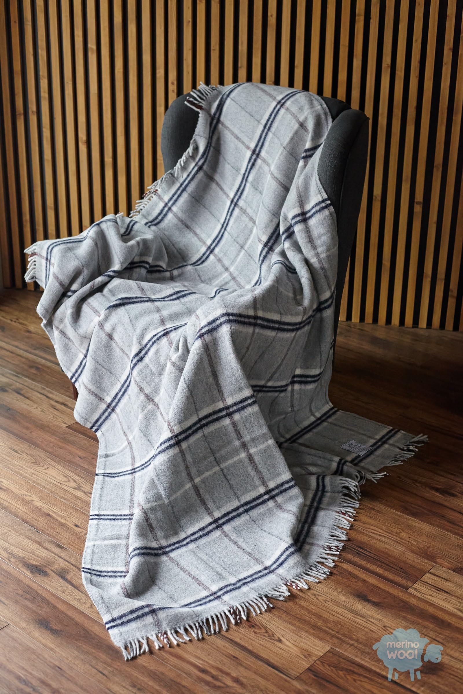 Merino Wool Pościel koc narzuta 160 x 200 cm pled podwójny rozmiar luksusowy ciepły nowy tartan narzuta na sofę (Grey I CZARNA)