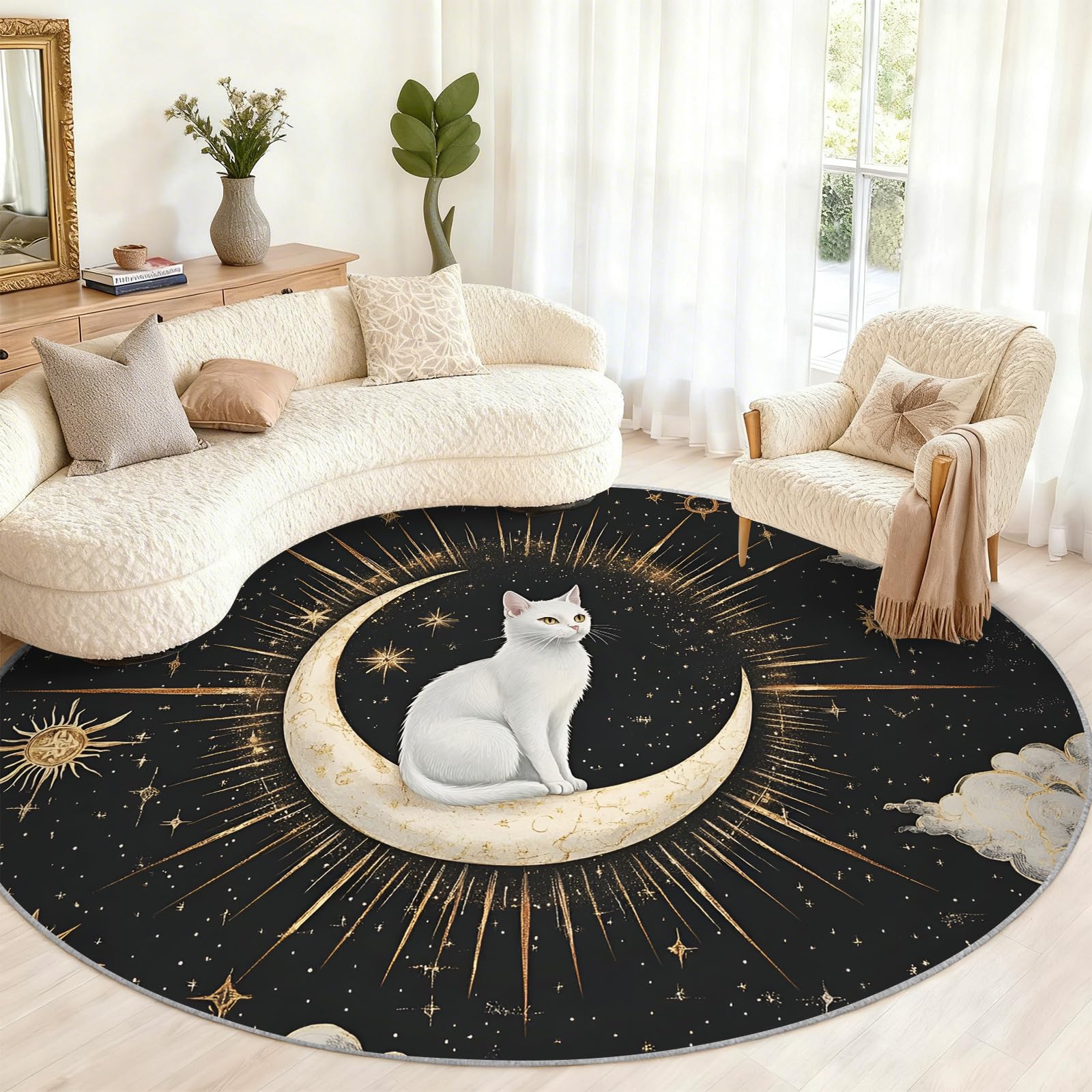 Générique Tapis Rond bohème de 120 cm, Motif Chat Lune, pour Chambre à Coucher, Salon, Bureau, Table Basse, décoration d'intérieur