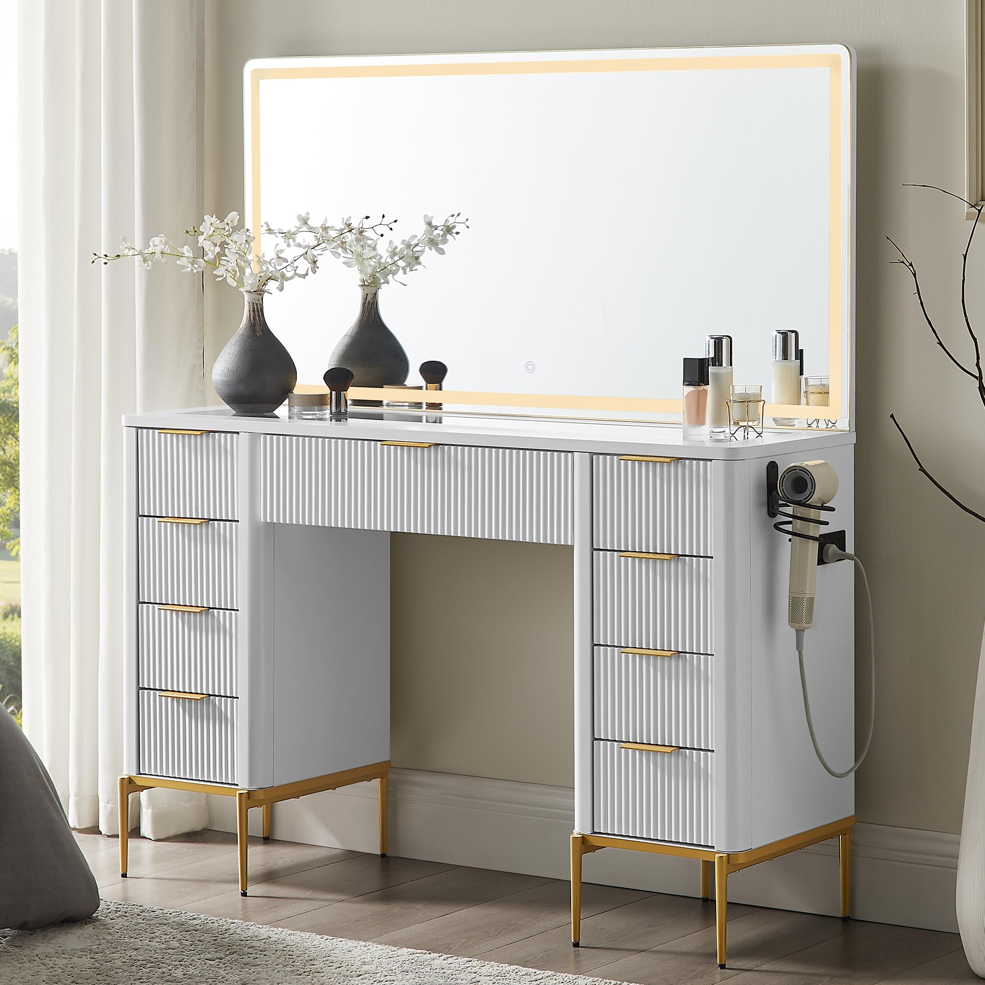 T4TREAM 48" Fluted Makeup Vanity Desk with 48" Large Mirror and HD LED Lights, Modern Vanity Table with 9 Drawers &amp; Charging Station, Glass Top and Golden Handles Dressing Table for Bedroom, White