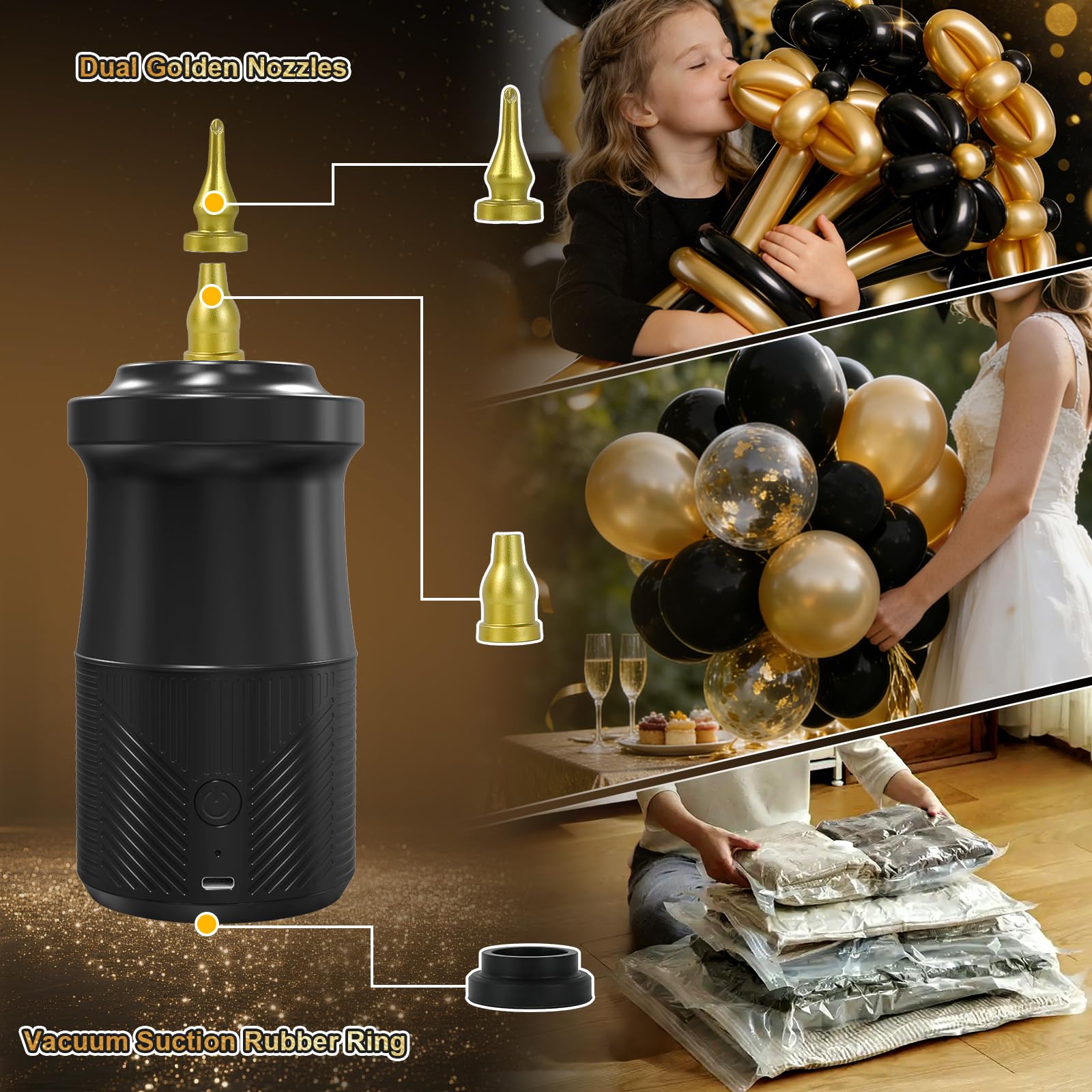 PlusFive Kabellose elektrische Ballonpumpe, Typ-C wiederaufladbare Luftpumpe mit 2000 mAh Akku und 3 Düsen für runde / Folien/260Q lange Luftballons, zum Aufblasen und Staubsaugen, batteriebetriebene