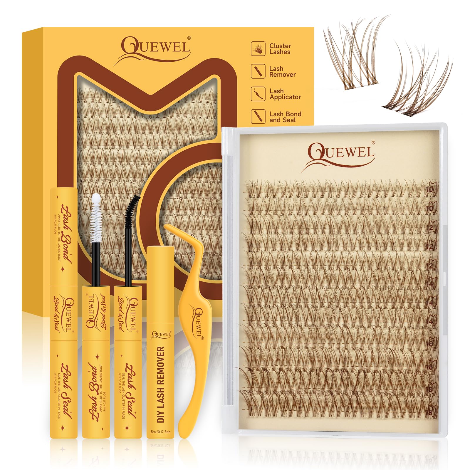 QUEWEL Cluster-Lashes Set 144STK, Mix10–18mm DIY Wimpern-Extensions Set mit Wimpernkleber und Pinzette und Entferner, Lash-Extension-Set für den Alltag Partys Lash-Clusters (Fairy-Kit-G)