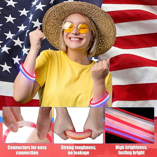 Miniatura 3 de Honoson 100 Pcs 8'' Red White and Blue Glow Sticks Glow in the Dark 4th of July Party Supplies Patriotic Independence Day Light up Glow Sticks for