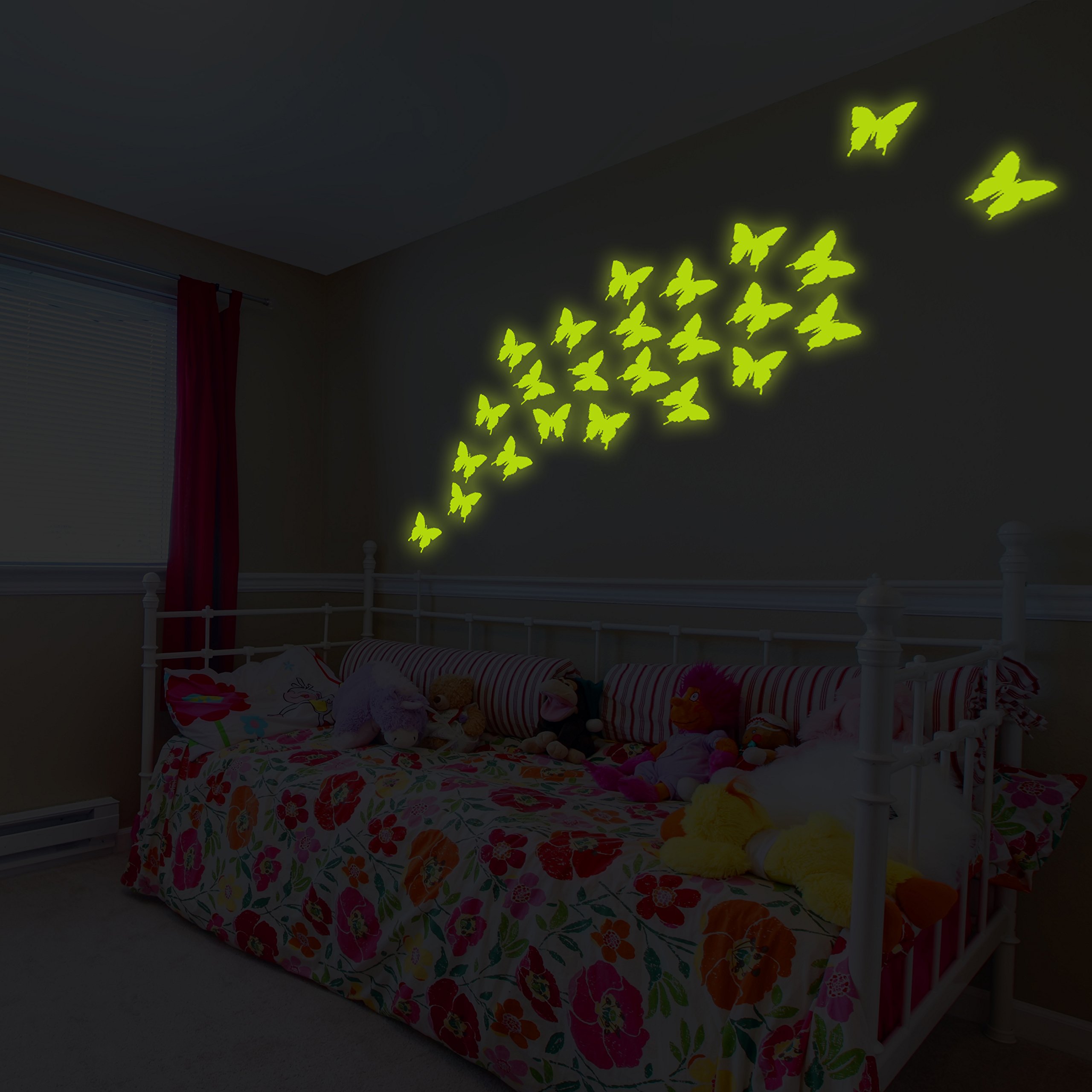 (140x 140cm) 24PCS Glowing Vinyl Wand Aufkleber Flying Butterflies/Glow in Dark Nature Aufkleber/Leuchtziffern Schmetterling Flock Wandbild + Gratis Aufkleber Geschenk
