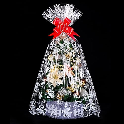 Miniatura 5 de Juego de 20 bolsas de cesta de copo de nieve de Navidad, 10 bolsas grandes de celofán de Navidad de 24 x 36 pulgadas y 10 lazos para canasta y