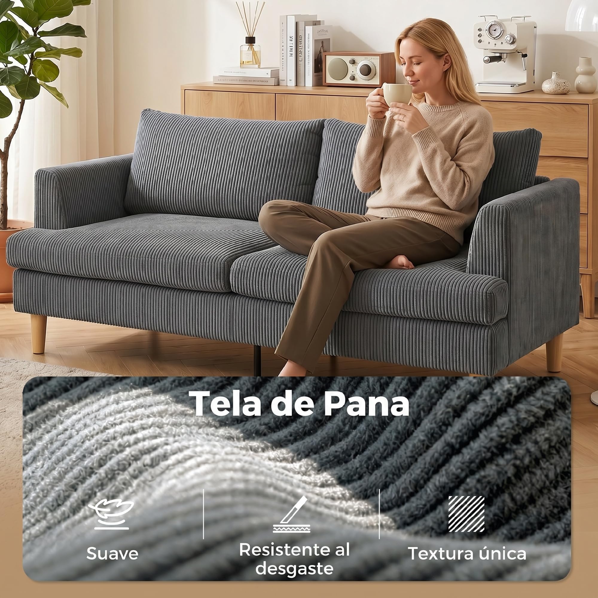 HOMCOM Sofá de 3 Plazas, Sofá de Salón Moderno, 188x80x86 cm, Tapizado en Pana, Acolchado Grueso de Muelles, Asiento Ancho, Reposabrazos, Fácil Montaje, 2 Almohadas, Gris Oscuro