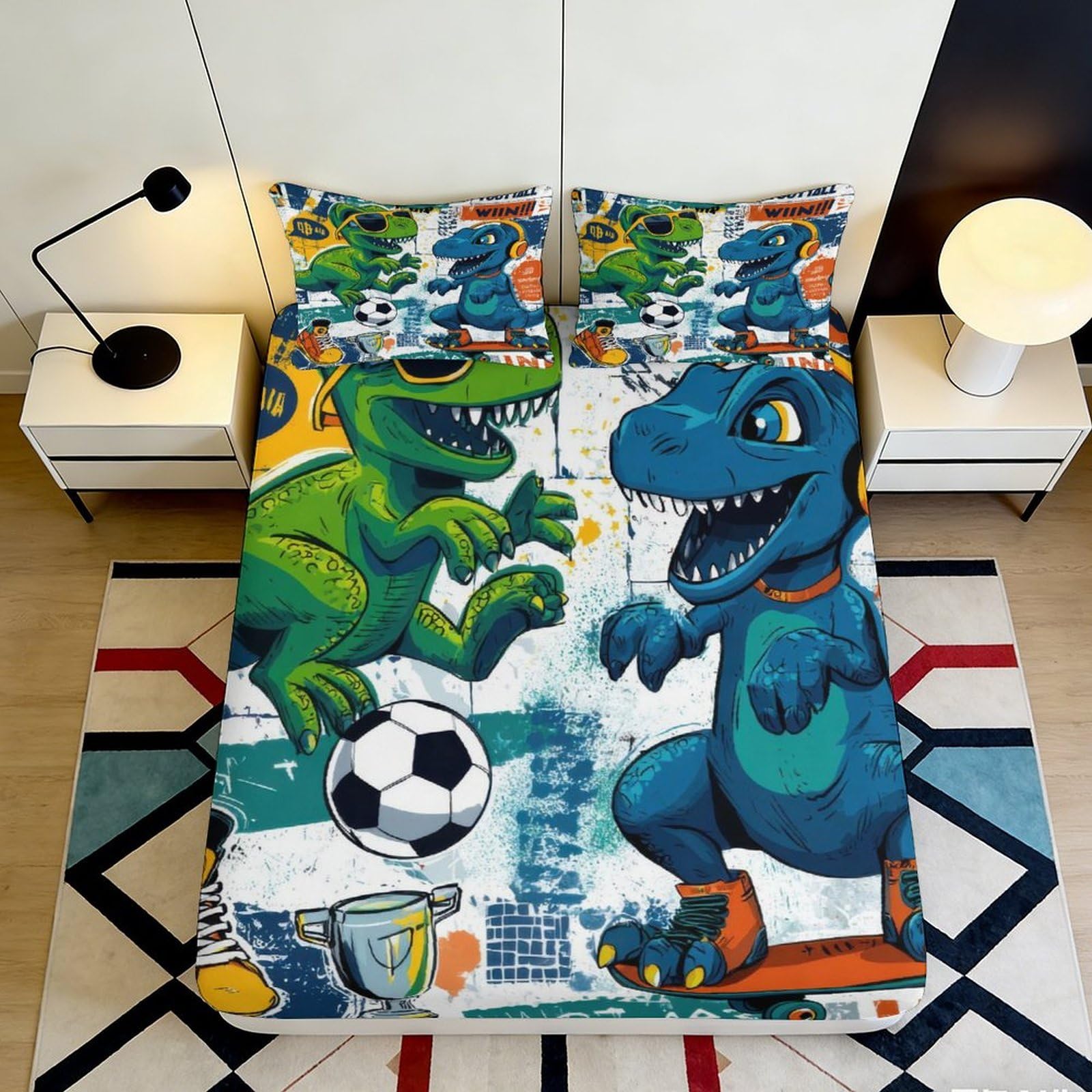 3D Printed Dinosaur Football Fitted Sheet Microfiber Deep Pocket Non-Slip Dinosaur Mattress Fitted Cover for Bedroom 200x200x25cm 90x200x25cm