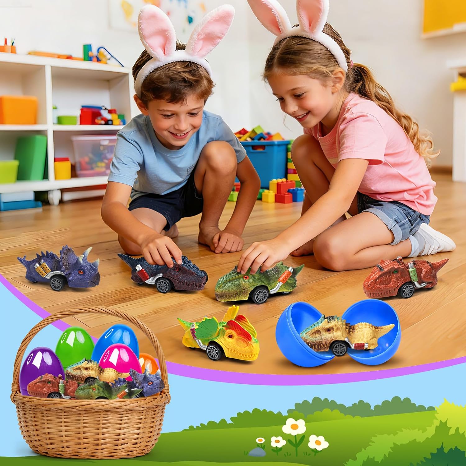 6 Pack Prefilled Easter Eggs with Dinosaur Pull Back Car Toys for Toddlers Kids Dinosaur Eggs Easter Basket Stuffers Egg Hunt Party Favors Classroom Prizes for Boys