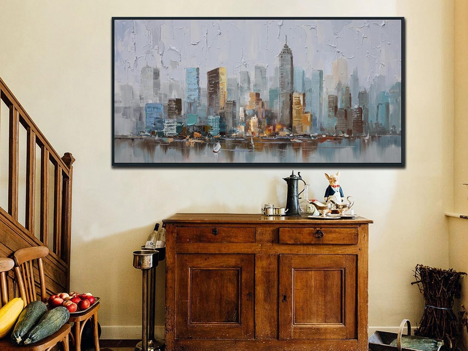 Enartly NYC City Canvas Wall Art for Living Room, New York City Painting Abstract Modern Skyline Grey Picture Large Size Artwork for Bedroom Hallway Home Office Wall Decor, Black Framed 58"x29"