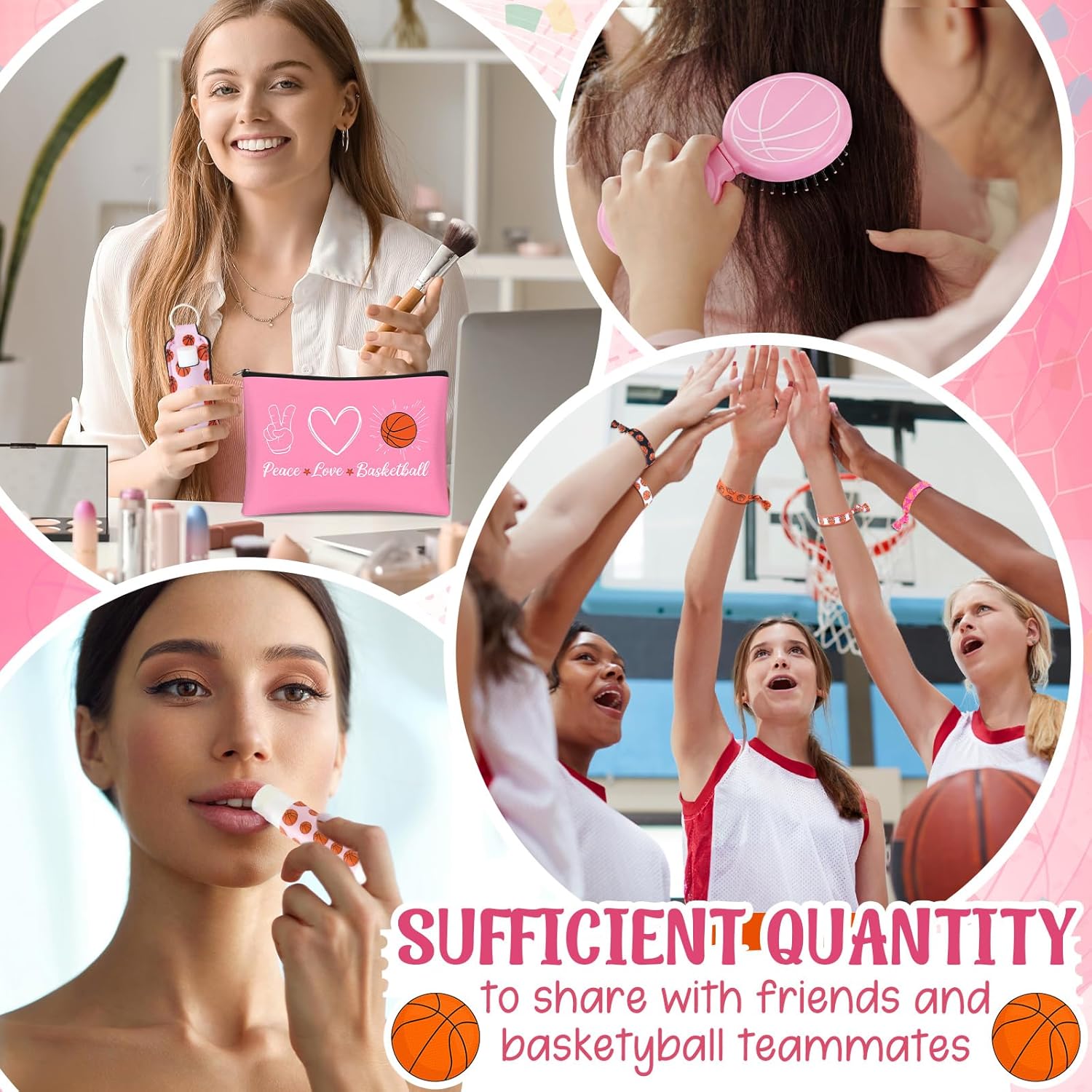 90 Pcs Basketball Gifts Basketball Party Favors for Team Include 18 Cosmetic Bag 18 Folding Hair Brush with Mirror 18 Hair Scrunchies 18 Lip Balm 18 Lipstick Holder Keychain (Pink,Cute)