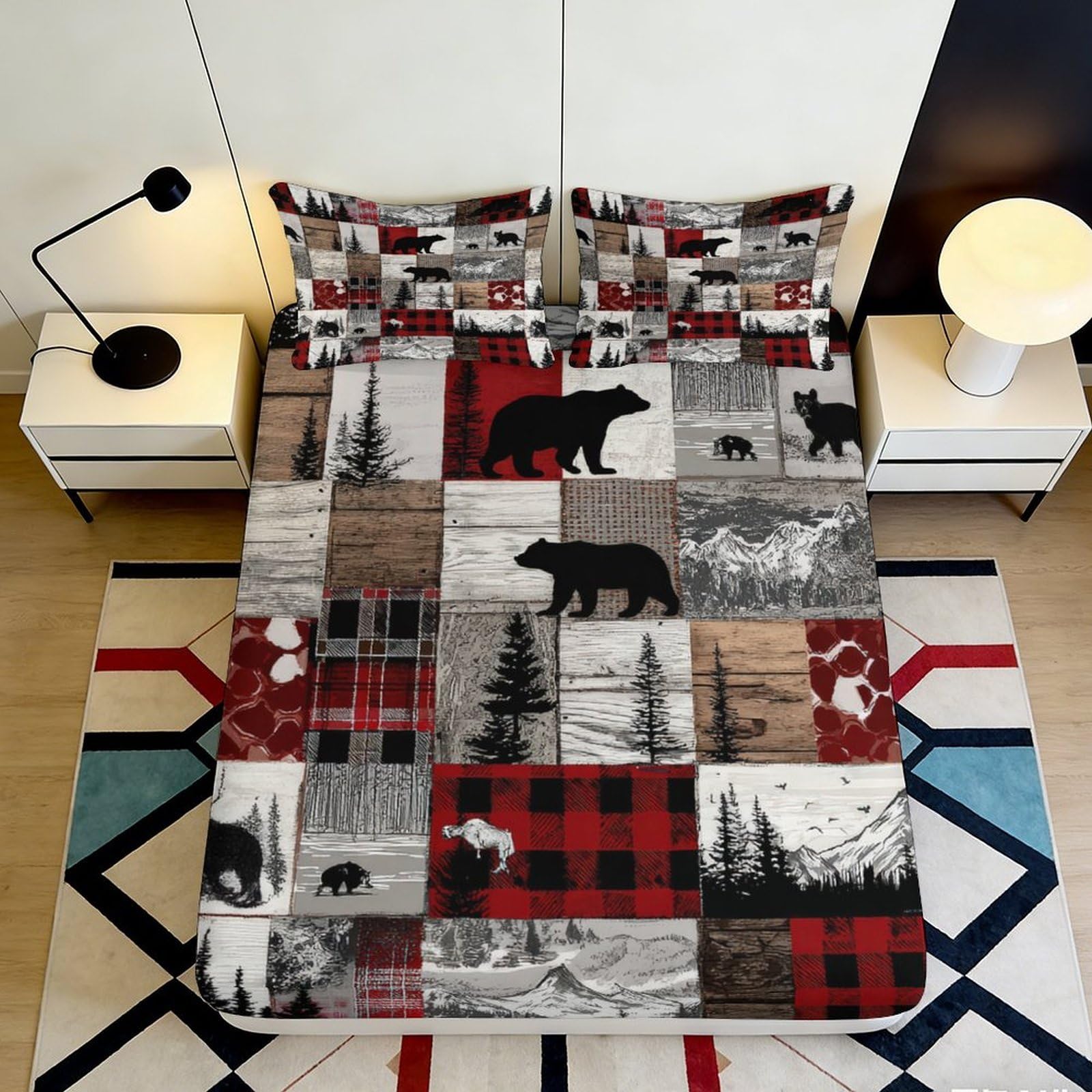 3D Printed Bear Forest Fitted Sheet Microfiber Soft Breathable Cabin Lodge Mattress Cover for Bedroom Decor 140x200x25cm
