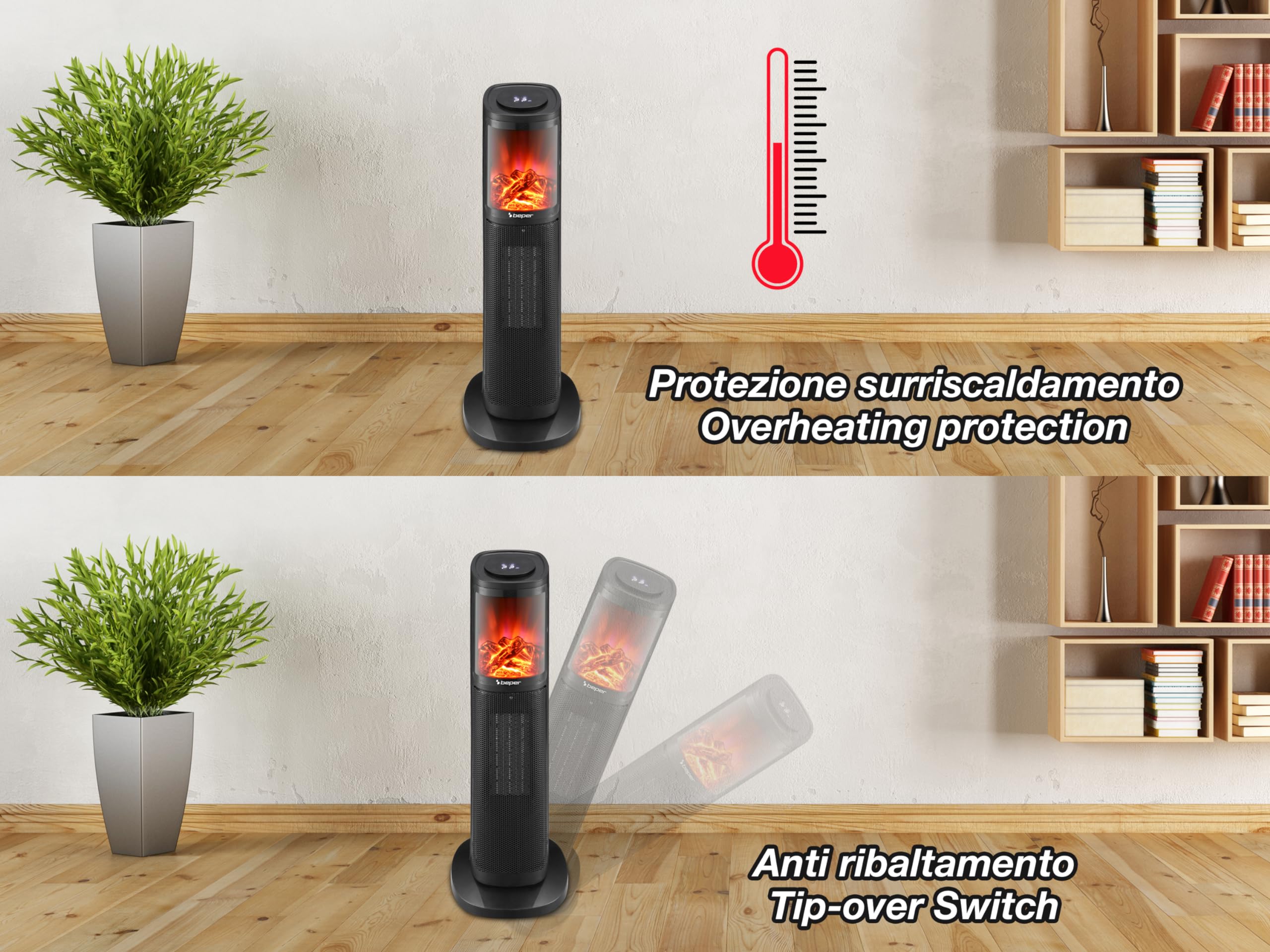 BEPER P203TER010 Termoventilatore ceramico a colonna, 2000w, Pannello di controllo touch, Fiamma LED, Telecomando incluso, Nero