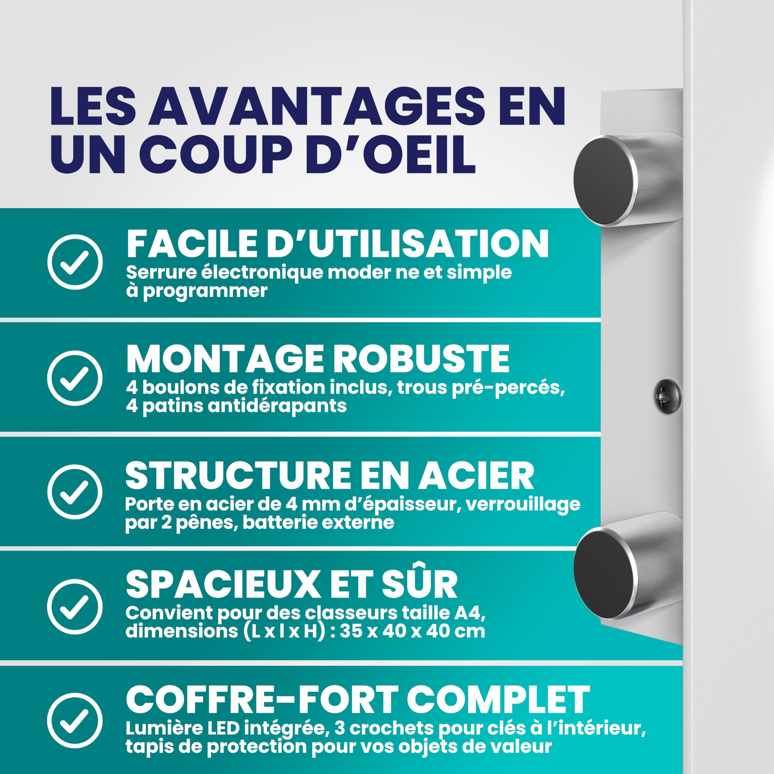 DEUBA® Coffre-fort électronique gris acier 2 clés 4 piles verrouillage par pêne fixation murale/au sol 35 x 40 x 40 cm