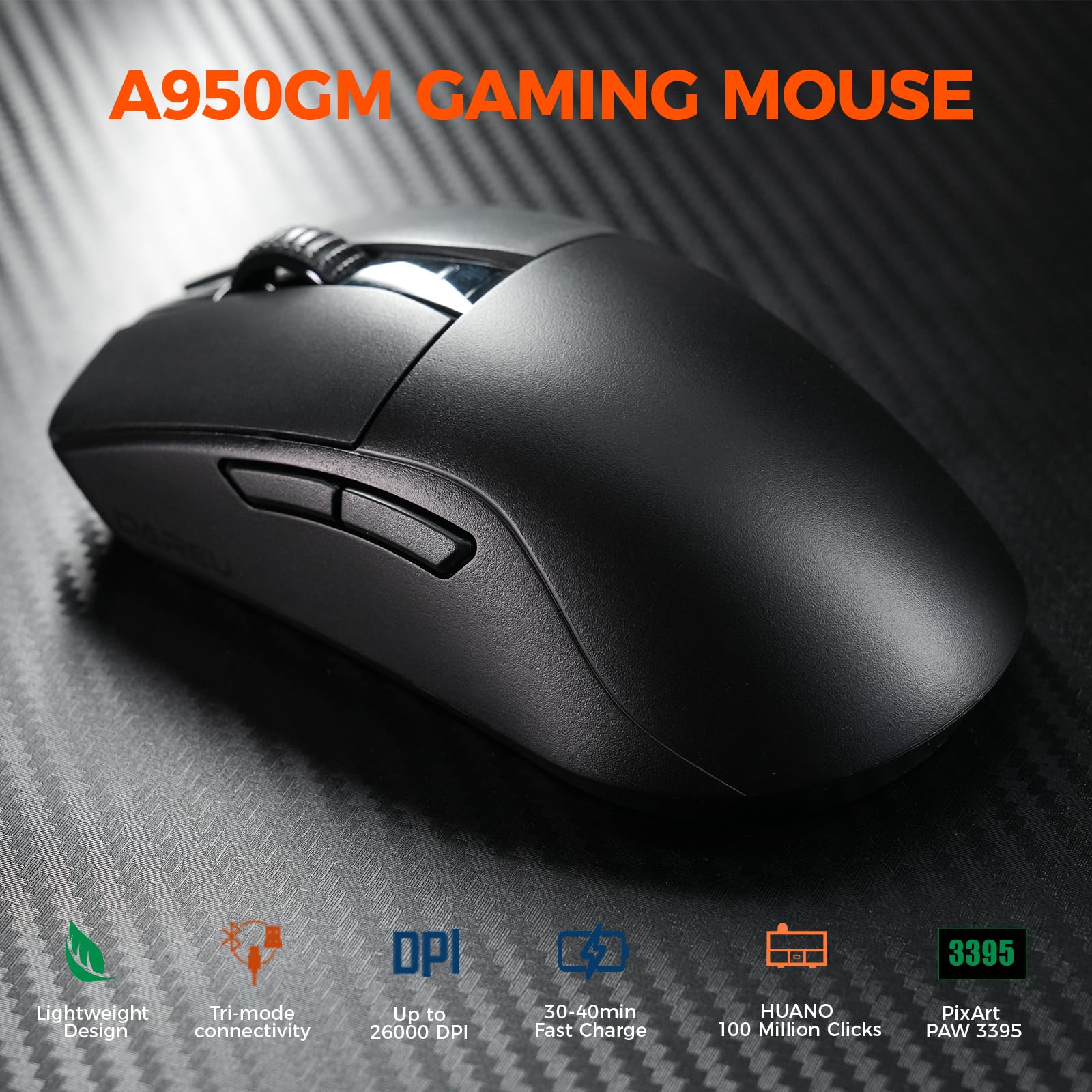 DAREU A950GM Mouse gaming ultraleggero da 60 g, sensore PixArt PAW3395, microinterruttori da gioco HUANO da 100 milioni, 26000 DPI, ricarica rapida in 30 minuti, mouse gaming tri-mode per PC/Mac
