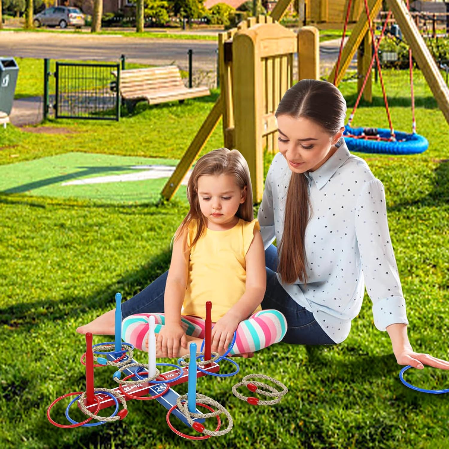 Win SPORTS Wooden Throwing Ring Toss Game Set,Fun Indoor Outdoor Carnival Games Set for Kids & Adults, Includes 16 Rings (8 Rope Rings, 8 Plastic Rings)