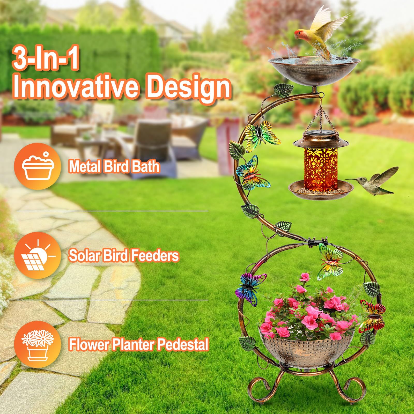Bain d'oiseaux pour jardin, mangeoire à oiseaux sur pied en métal avec poteaux réglables, bain d'oiseaux autoportant vintage et mangeoire à oiseaux, facile à installer pour terrasse, décoration