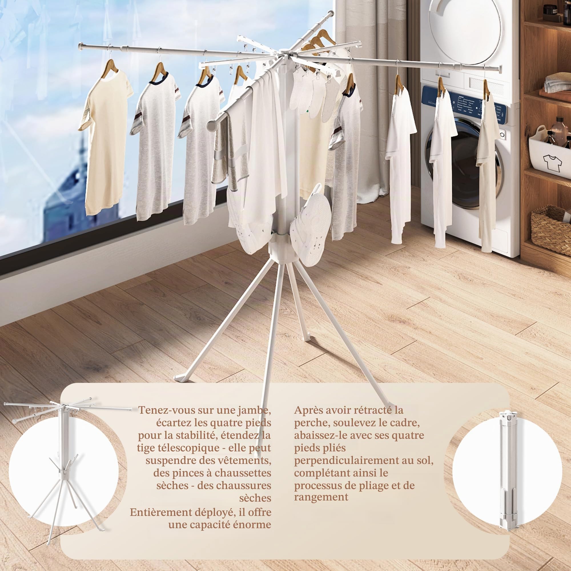 Étendoir à Linge sur Pied 4 Pieds, Pliable et Gain de Place, séchoir avec Pinces à Chaussettes et 4 Supports pour Chaussures, étendoir Robuste pour intérieur et extérieu