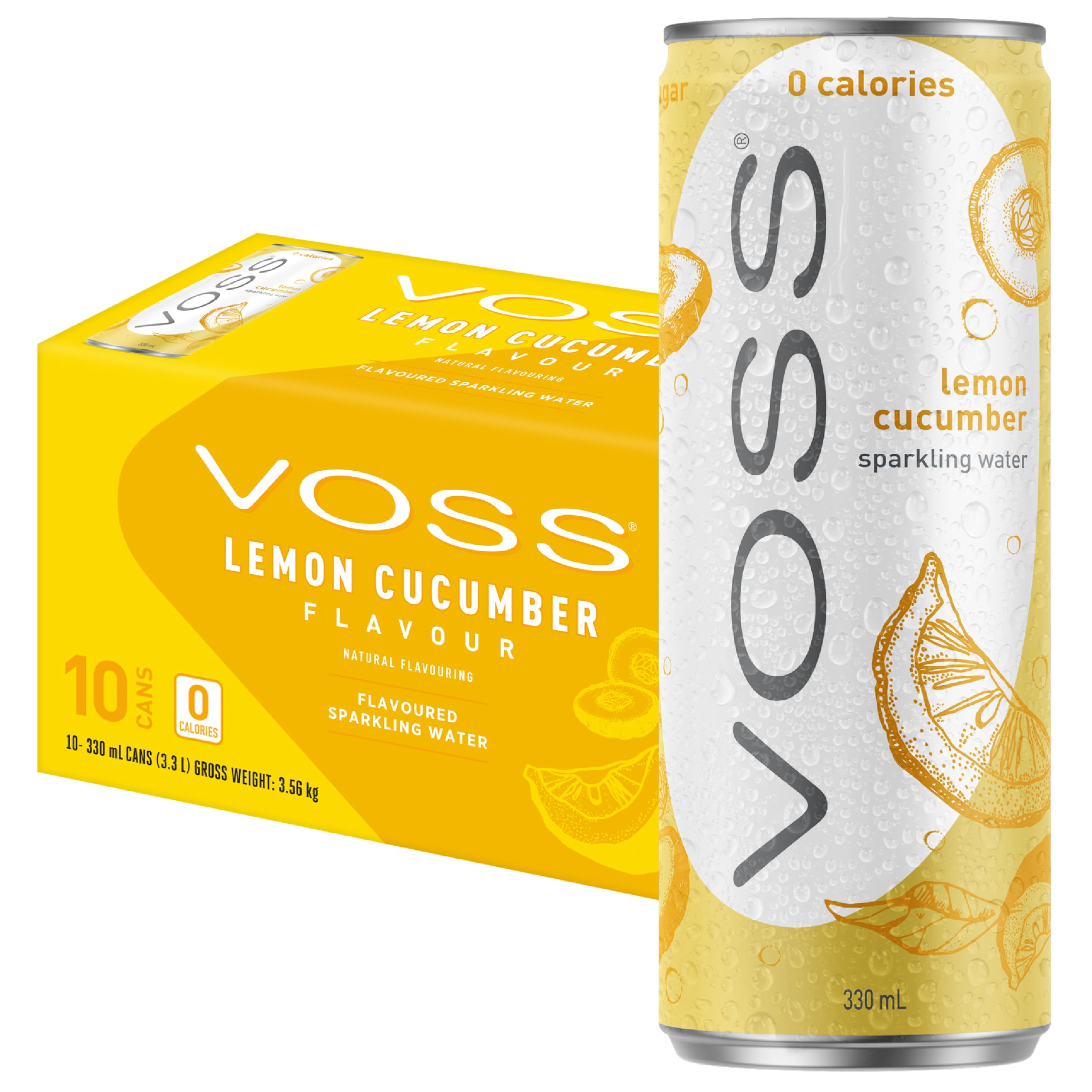 VOSS Flavoured Sparkling Water, Zero Sugar Drink, Zero Calorie, Naturally Sourced Water, 10x 330ml Multipack (Lemon Cucumber)