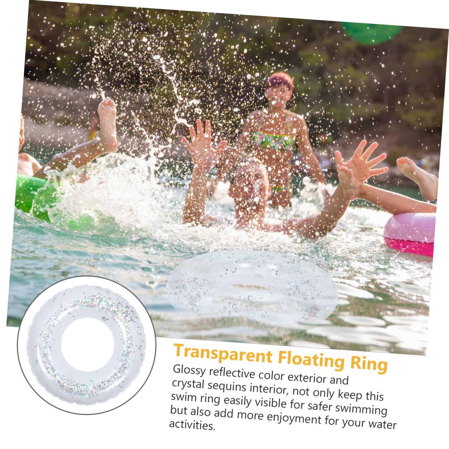 UPKOCH Easy Inflate Kids Pool Ring Sequins 60cm PVC Swimming Pool Accessory for Water Fun