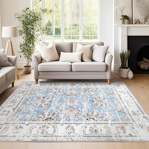 jinchan Washable Area Rug 5x7 Low Pile Bedroom Rug Indoor - Blue Floral Print Stain Resistant Boho Carpet Distressed Vintage - Ultra-Thin Non-Slip Rug Accent for Living Room Dining Room Kitchen